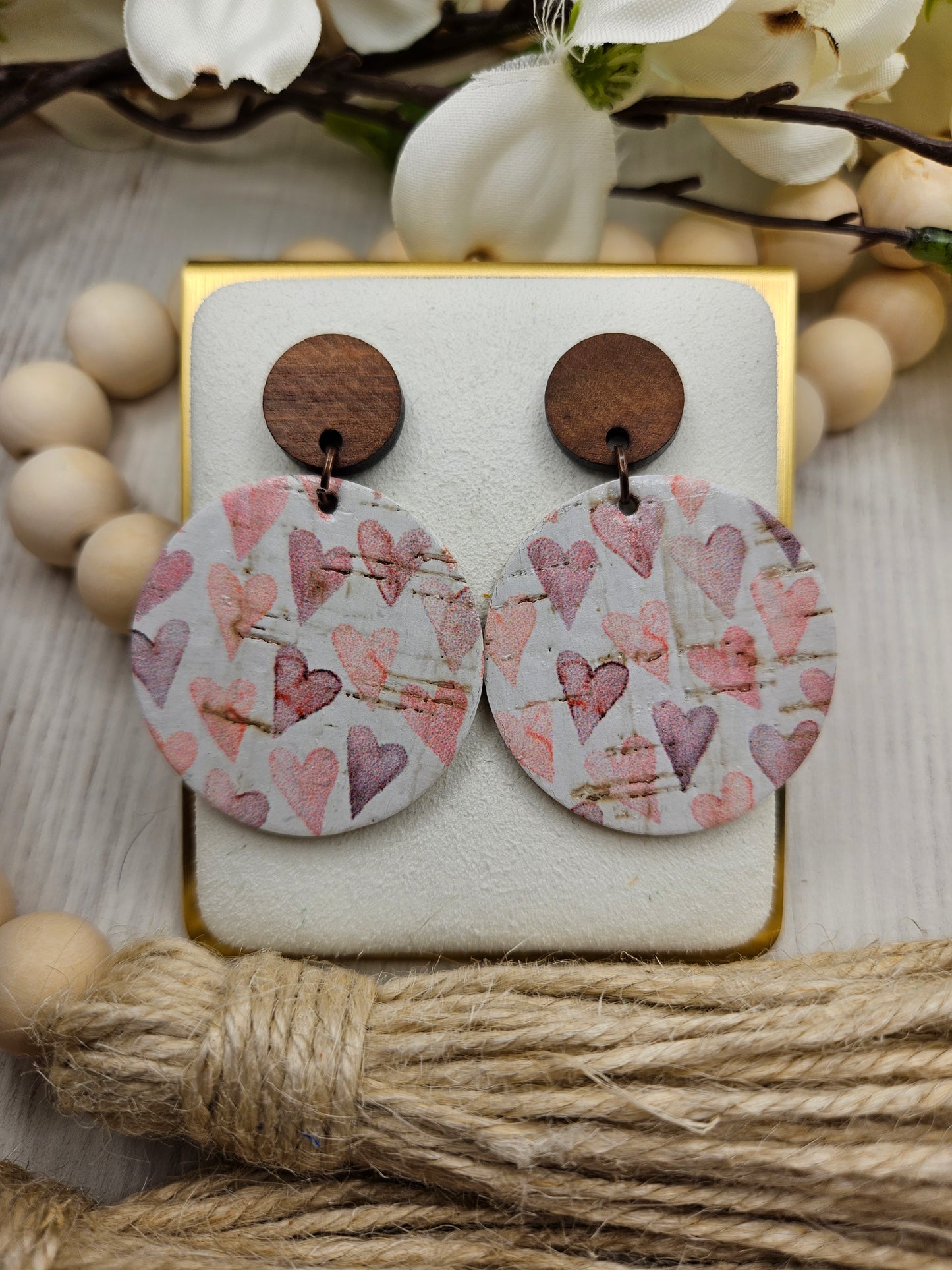 Heart Cork on Leather Earrings with Wooden Studs