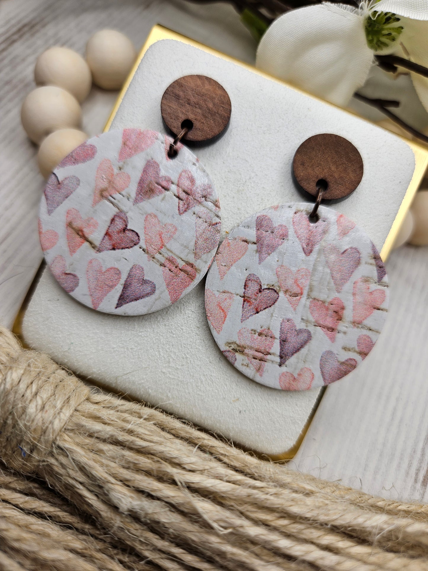 Heart Cork on Leather Earrings with Wooden Studs