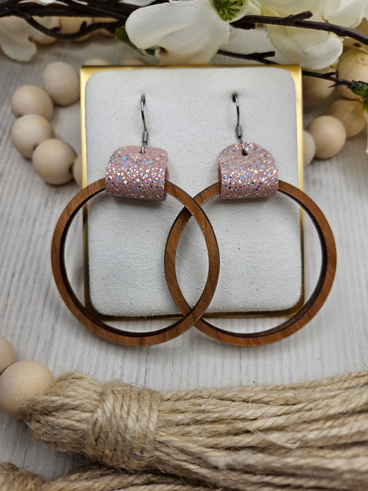 Pink Leather & Wood Hoop Earrings