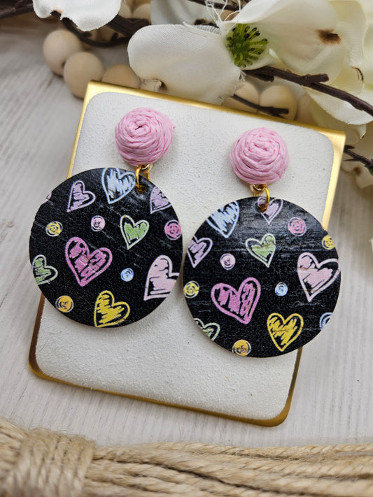 Black Heart Cork on Leather Earrings with Pink Raffia Rose Studs