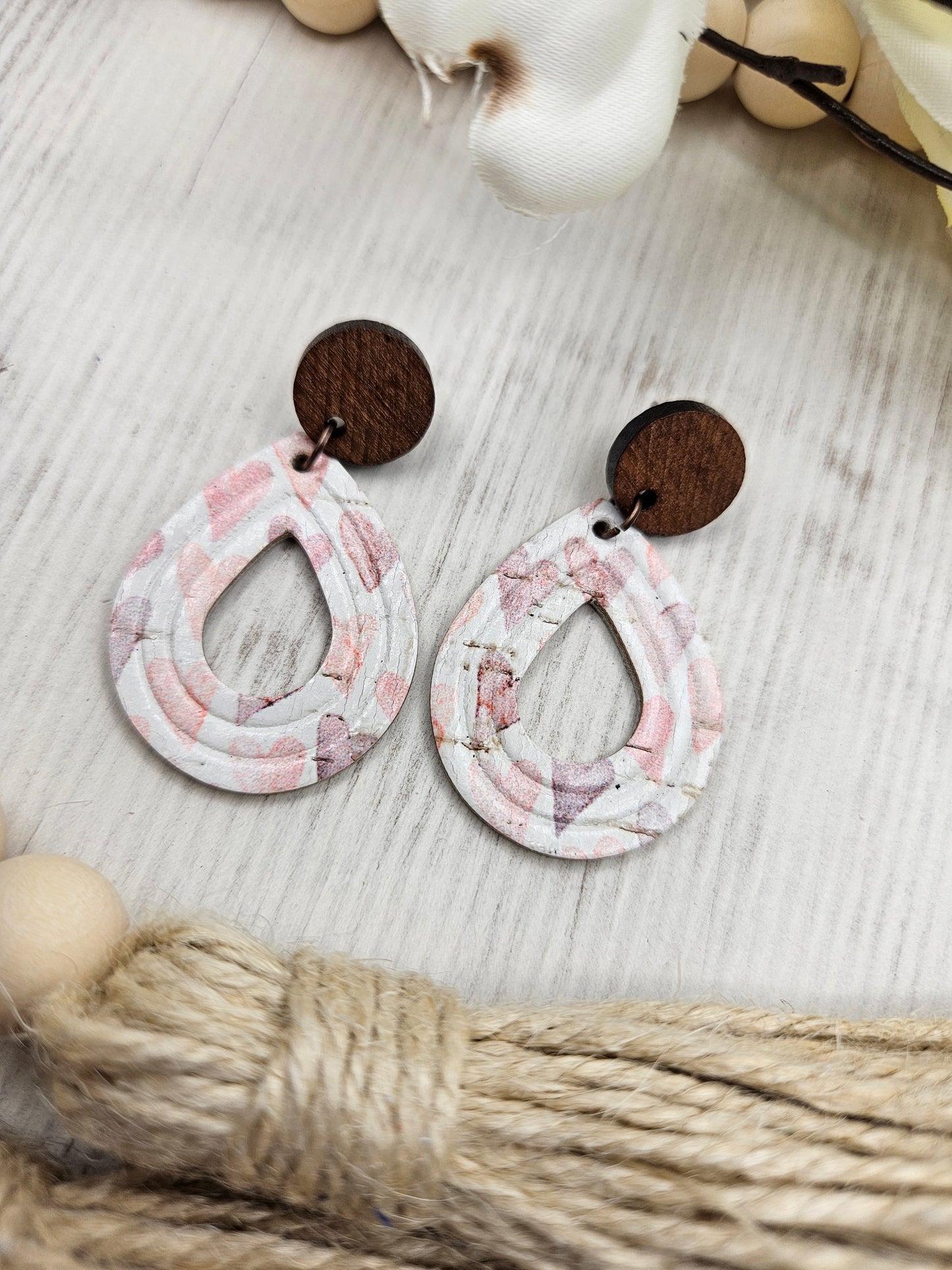 Heart Teardrop Cork on Leather Earrings