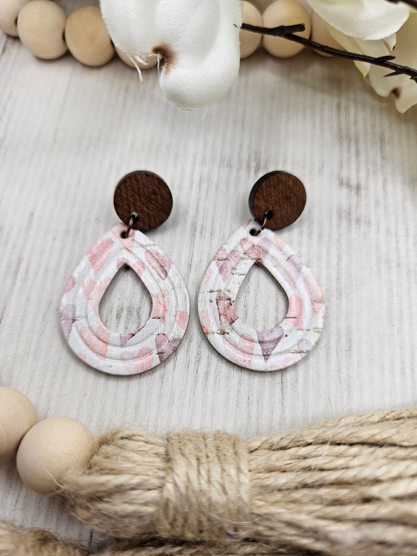 Heart Teardrop Cork on Leather Earrings