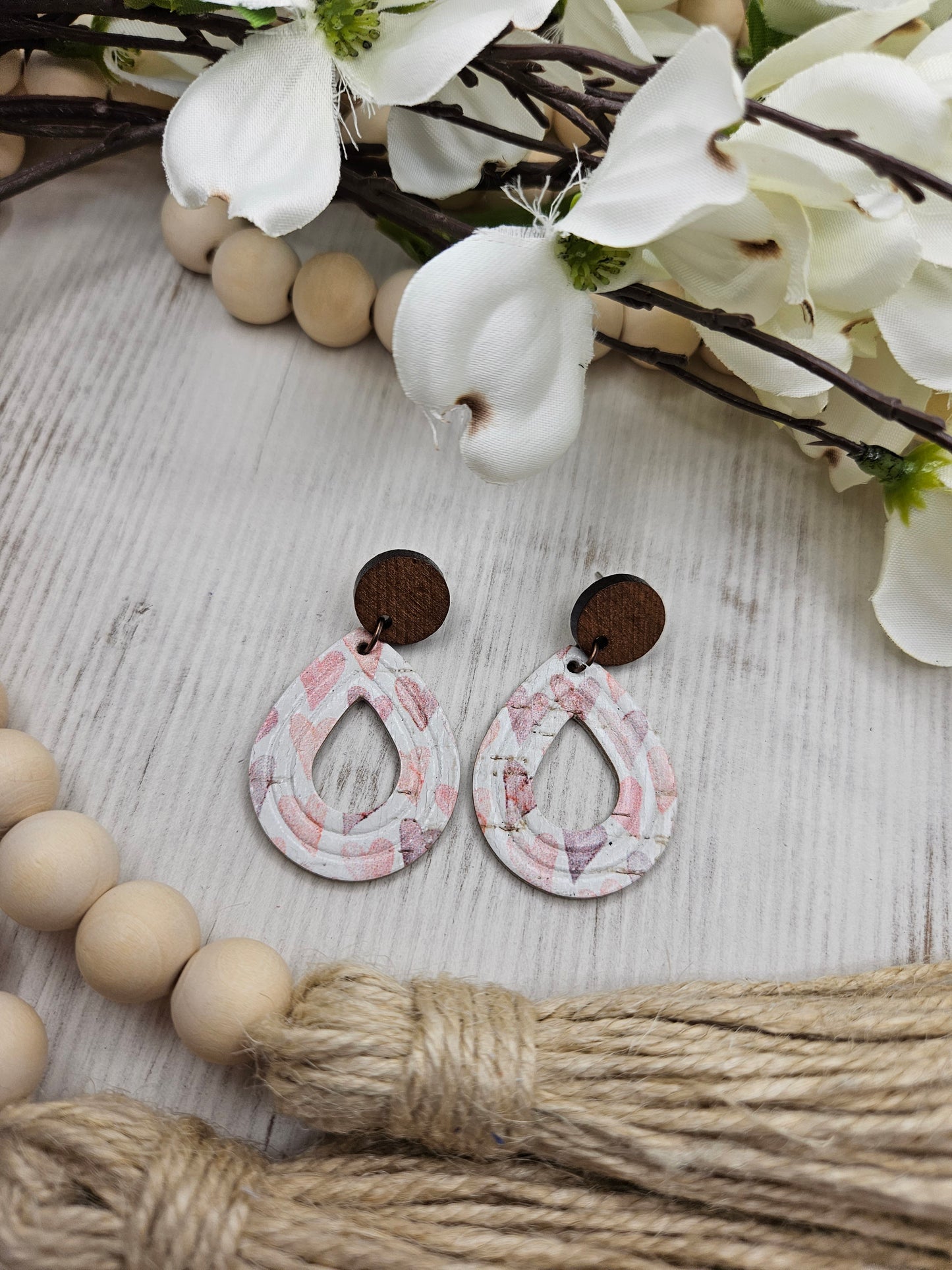 Heart Teardrop Cork on Leather Earrings