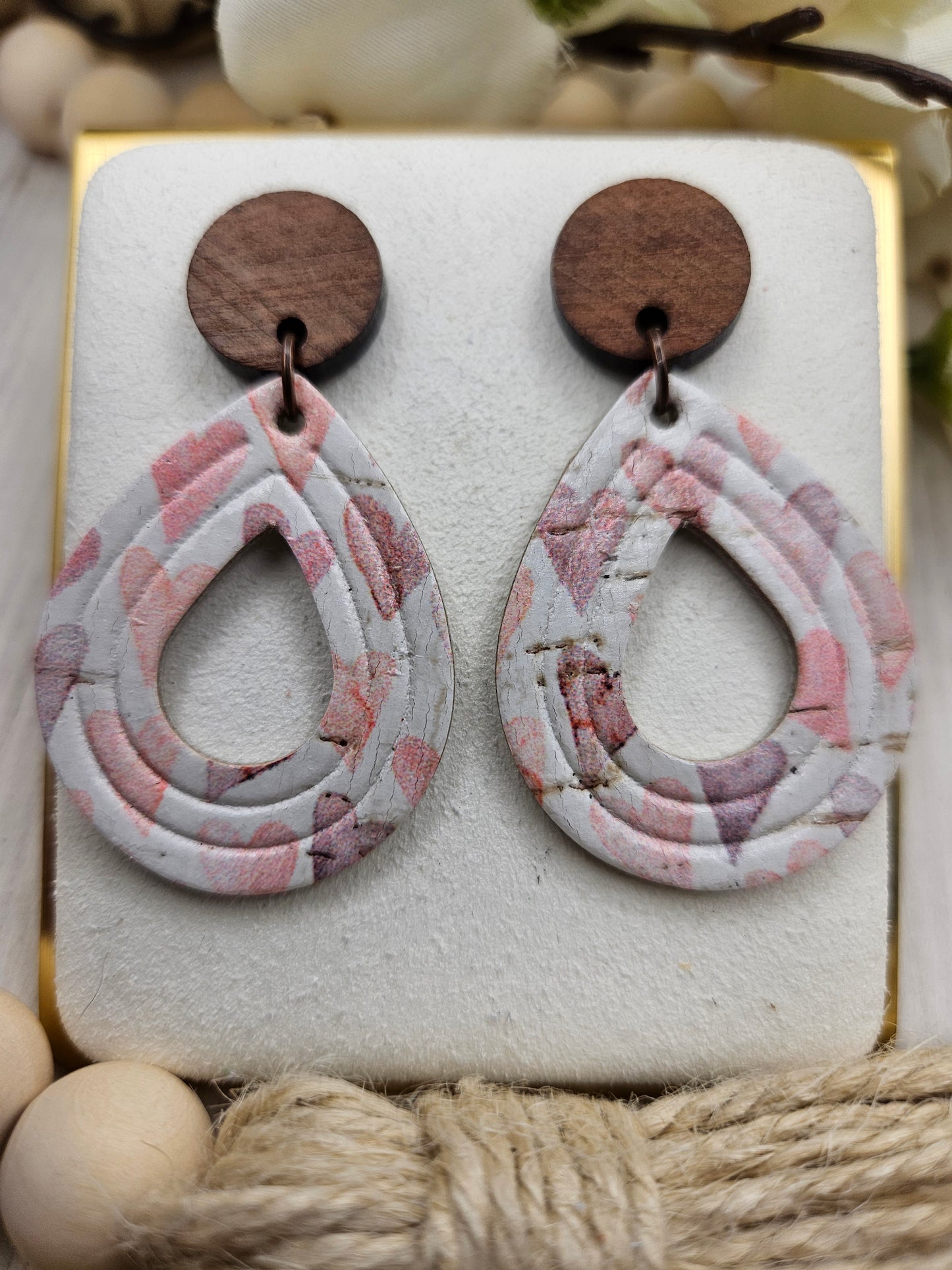 Heart Teardrop Cork on Leather Earrings