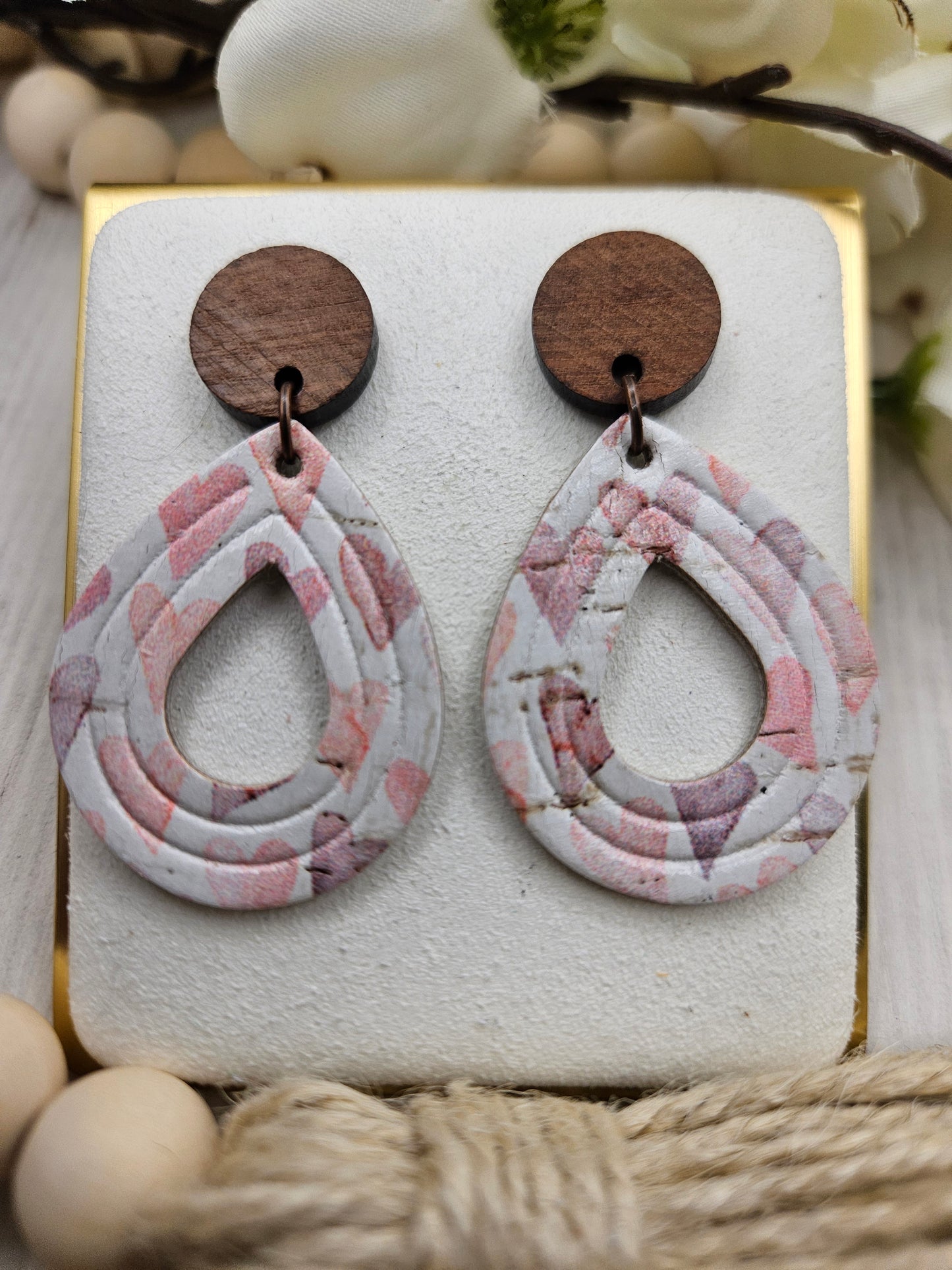 Heart Teardrop Cork on Leather Earrings