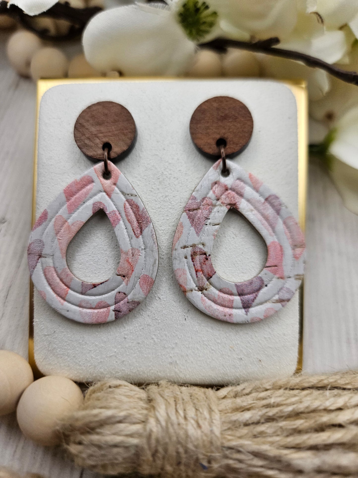 Heart Teardrop Cork on Leather Earrings