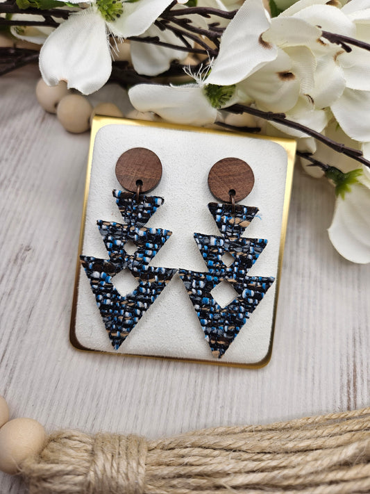 Blue Tweed Backed with Leather Earrings