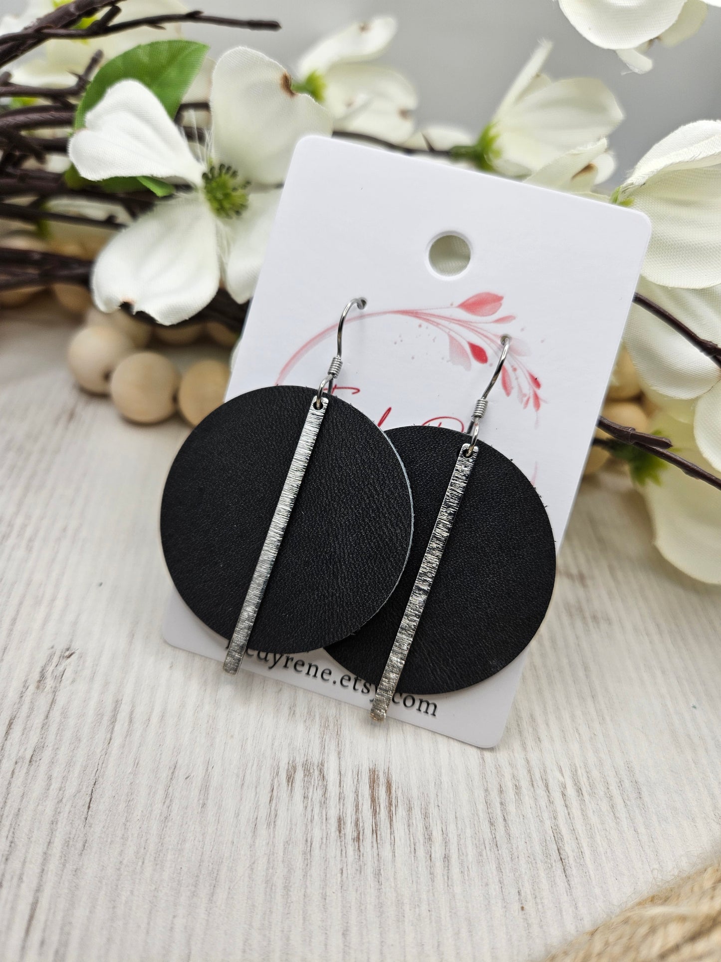 Dark Grey Leather Earrings with Brass Bars