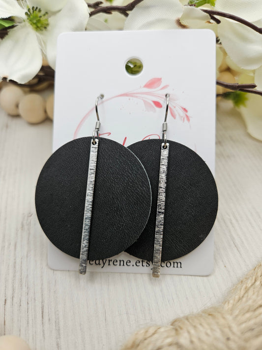 Dark Grey Leather Earrings with Brass Bars