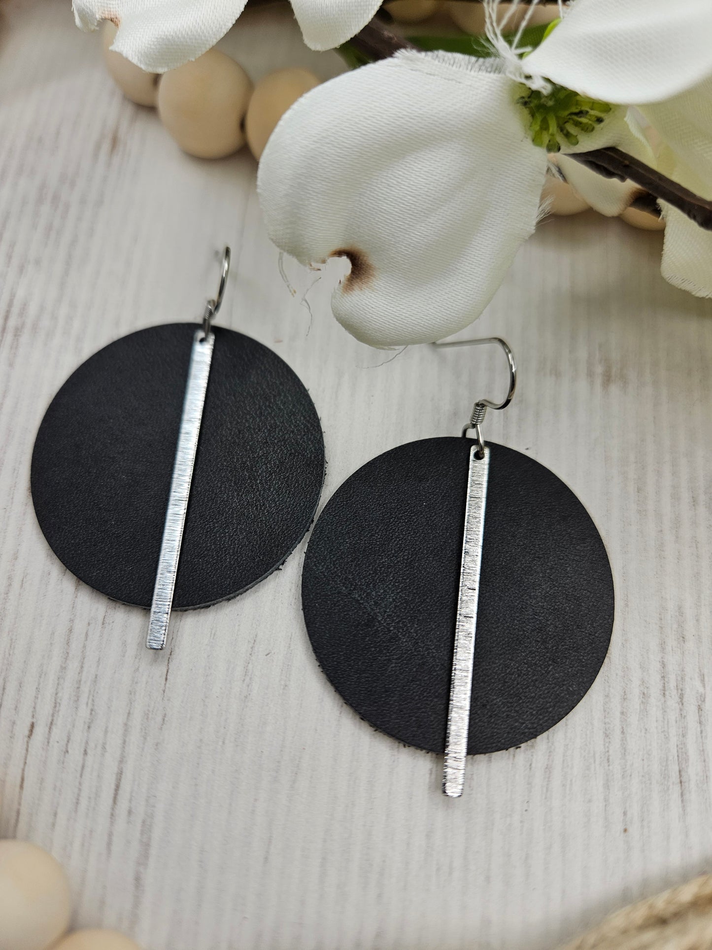 Dark Grey Leather Earrings with Brass Bars