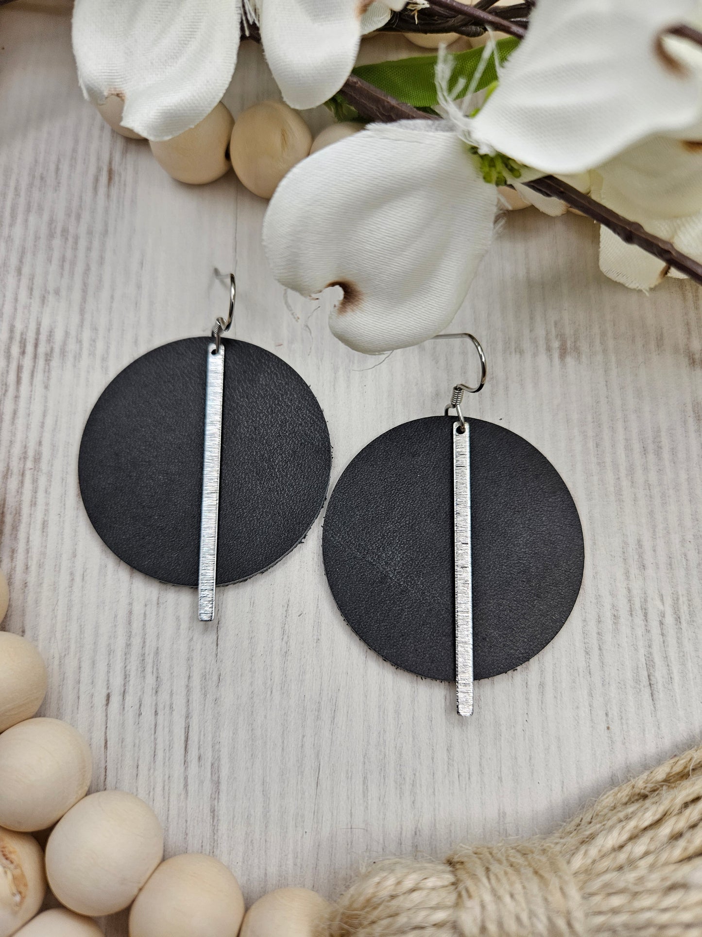 Dark Grey Leather Earrings with Brass Bars