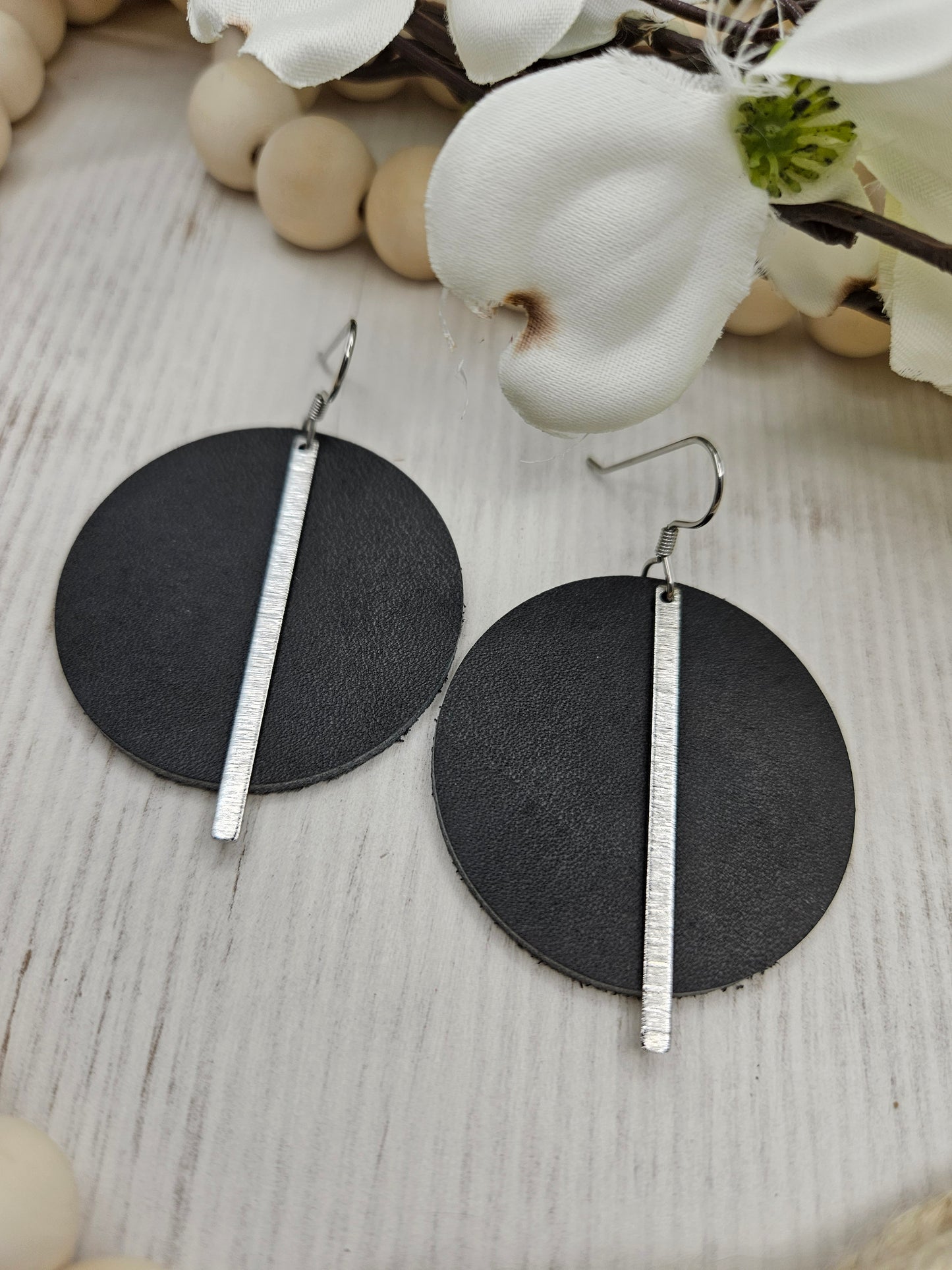 Dark Grey Leather Earrings with Brass Bars