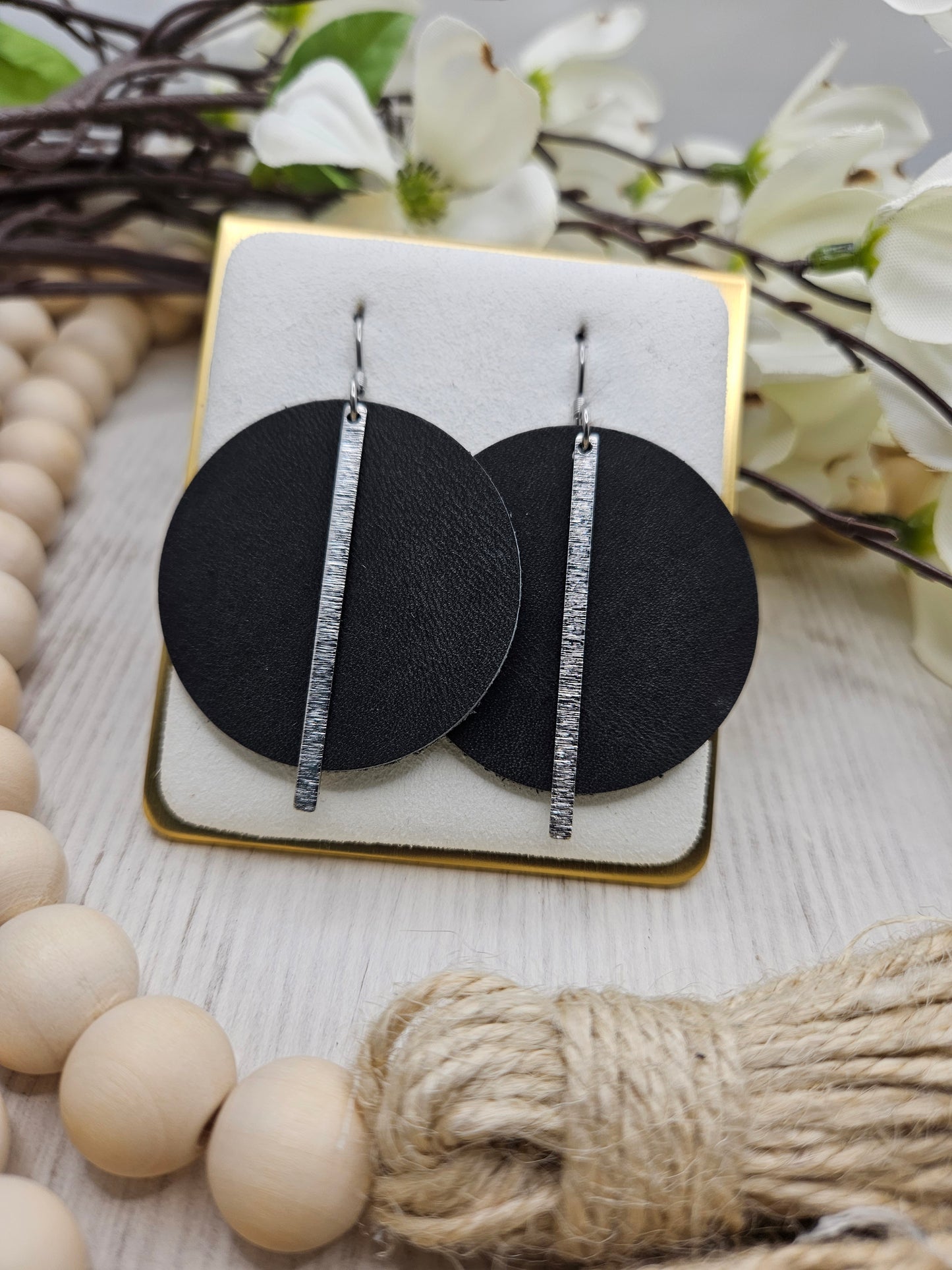 Dark Grey Leather Earrings with Brass Bars