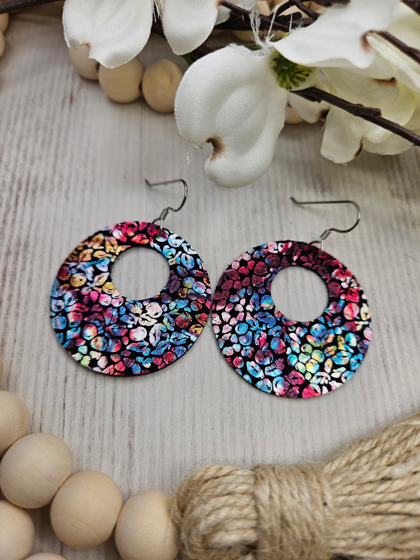 Floral Iridescent Leather Circle Earrings