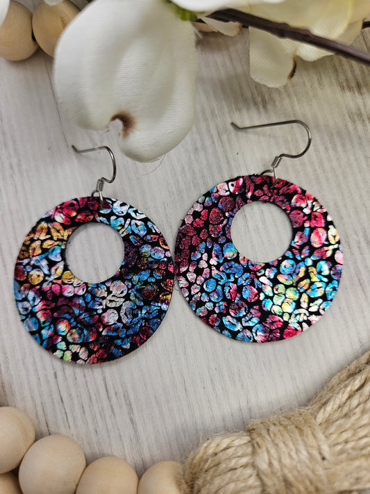 Floral Iridescent Leather Circle Earrings