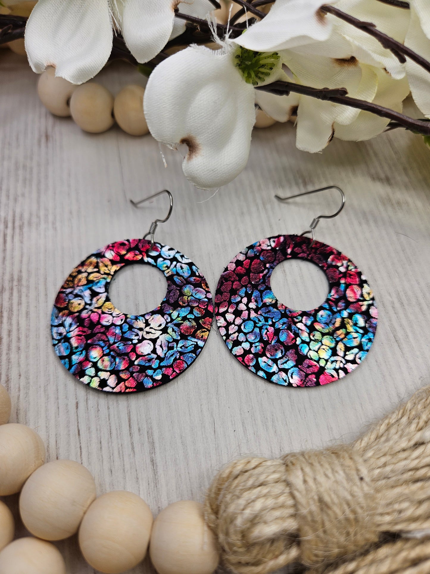 Floral Iridescent Leather Circle Earrings