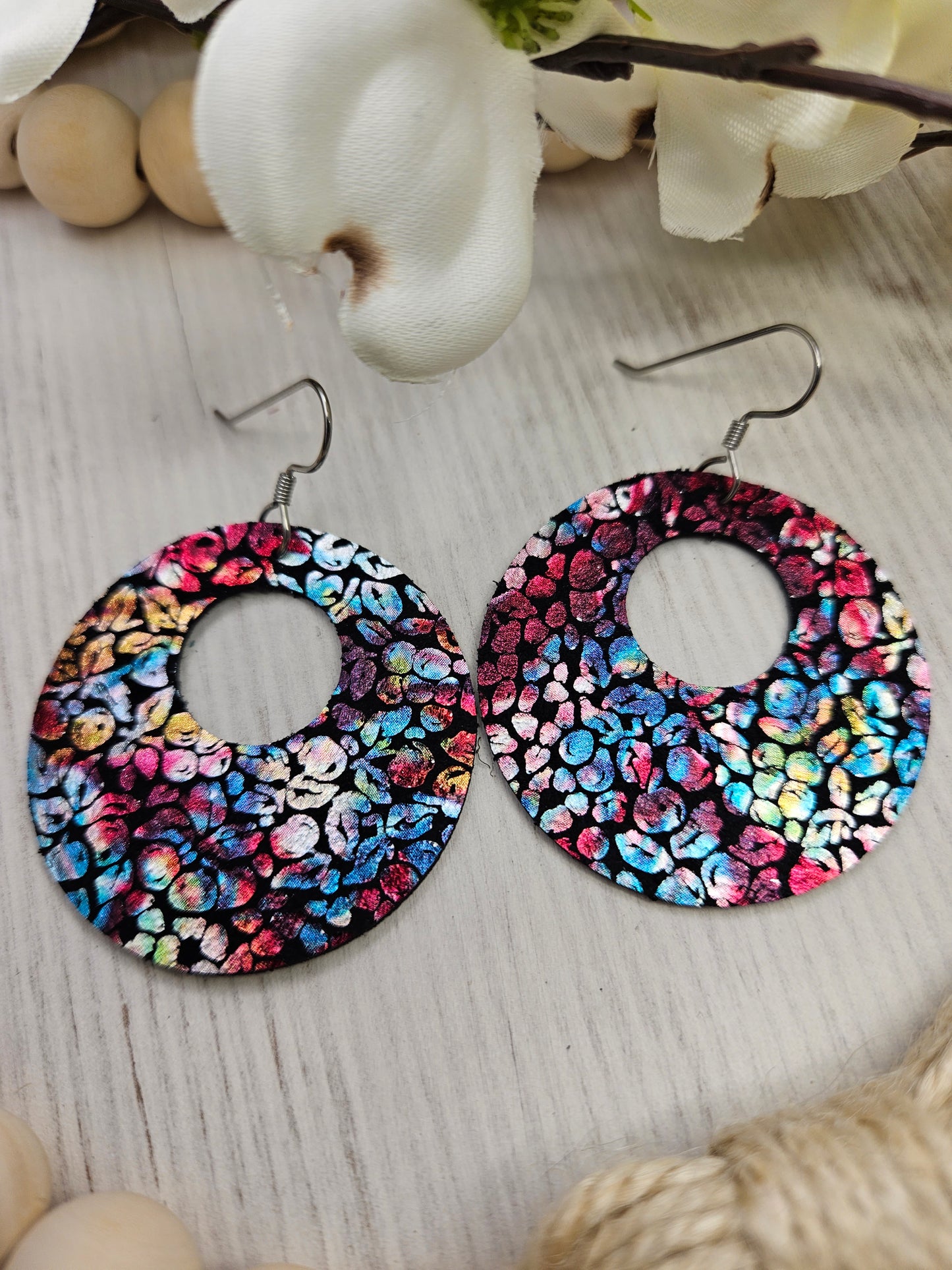 Floral Iridescent Leather Circle Earrings