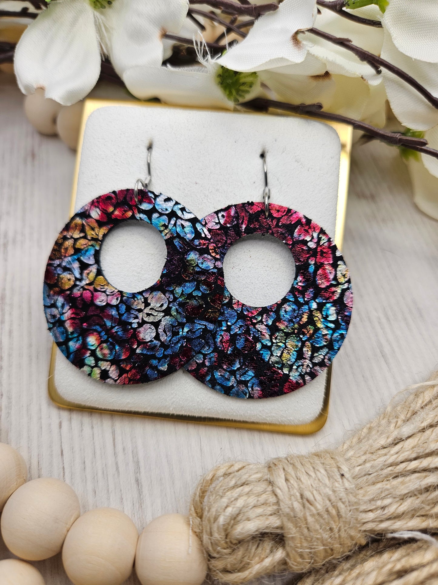 Floral Iridescent Leather Circle Earrings