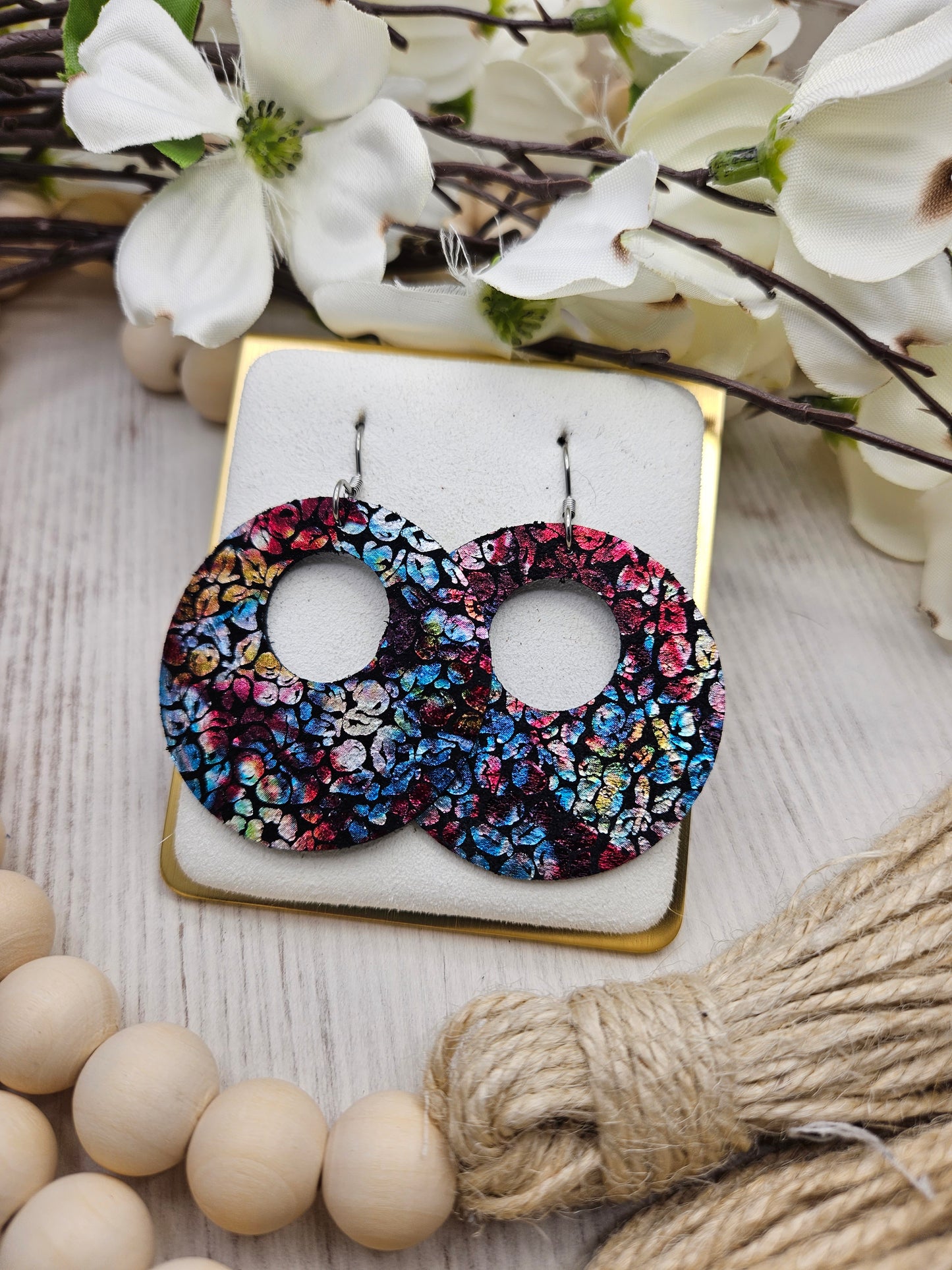 Floral Iridescent Leather Circle Earrings