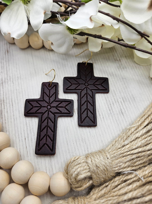 Embossed Leather Cross Earrings