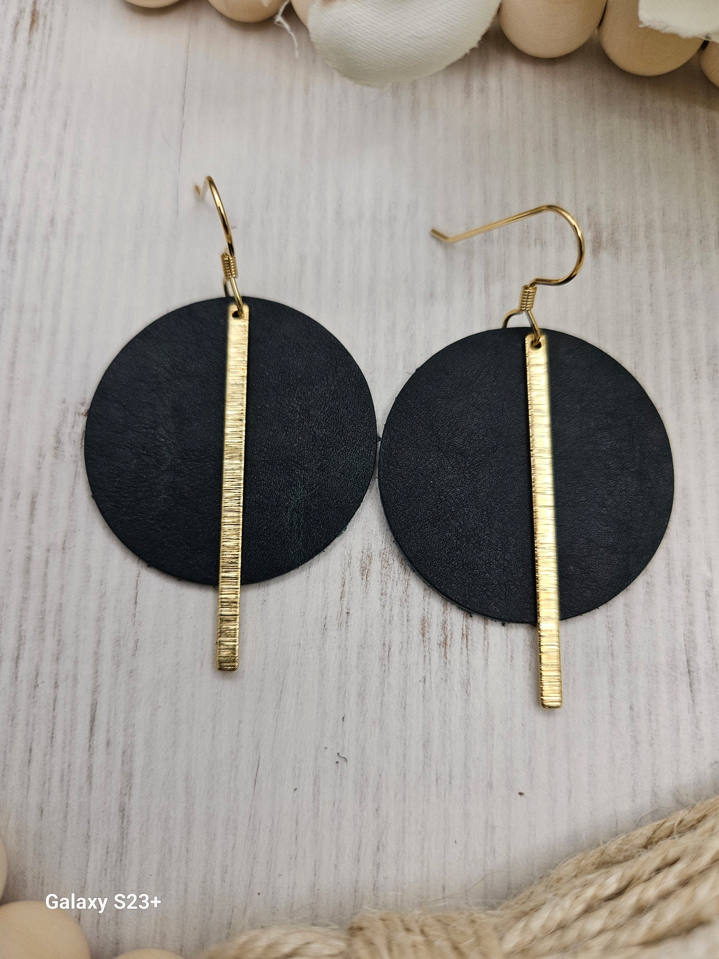 Dark Green Leather Earrings with Brass Bars