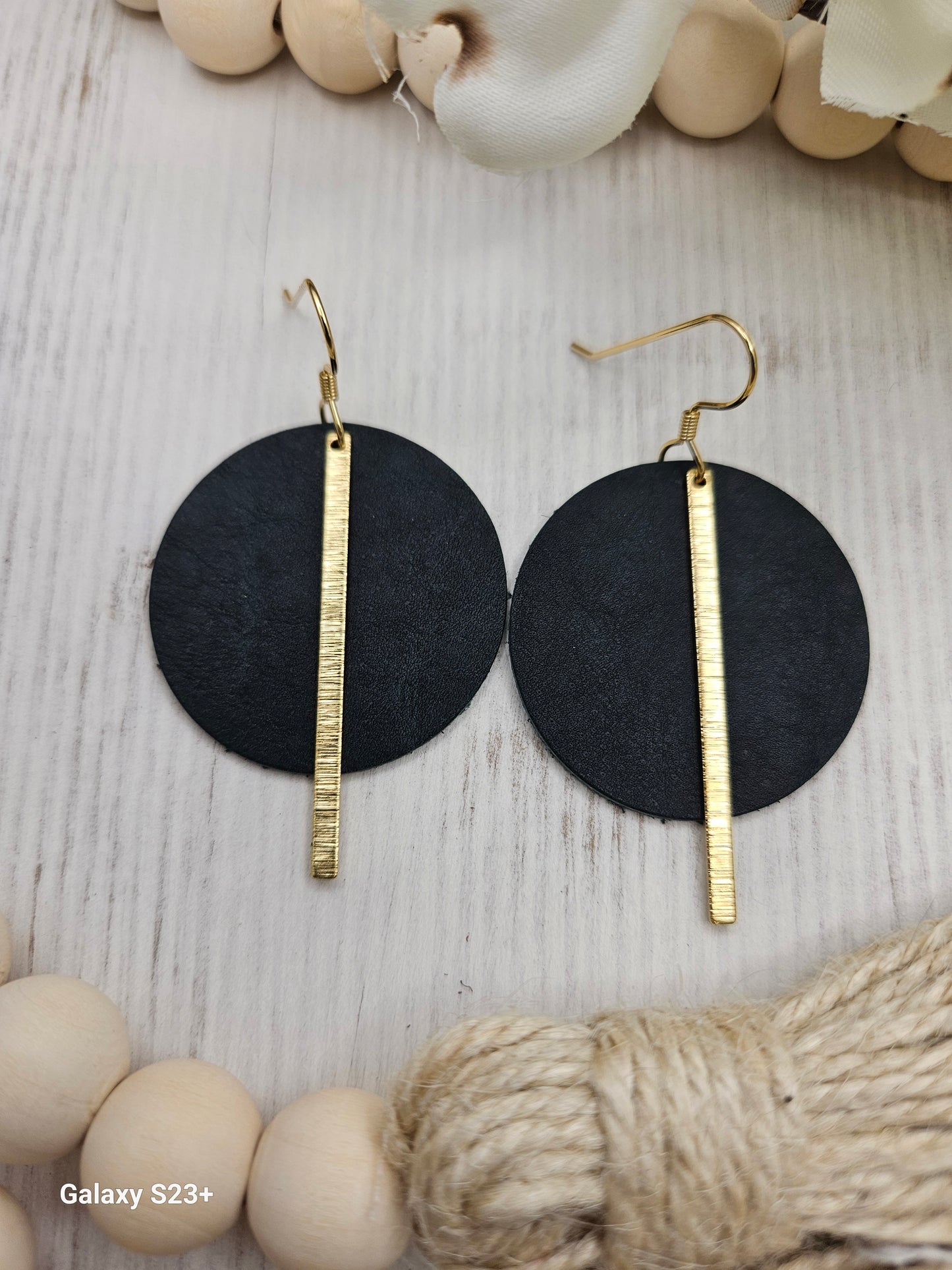 Dark Green Leather Earrings with Brass Bars