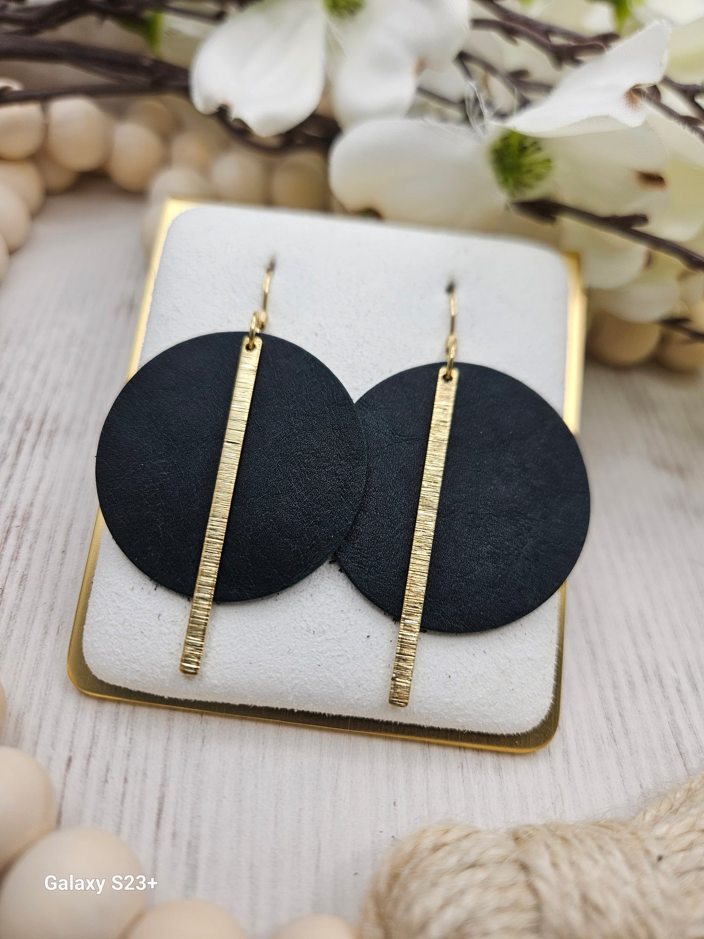 Dark Green Leather Earrings with Brass Bars