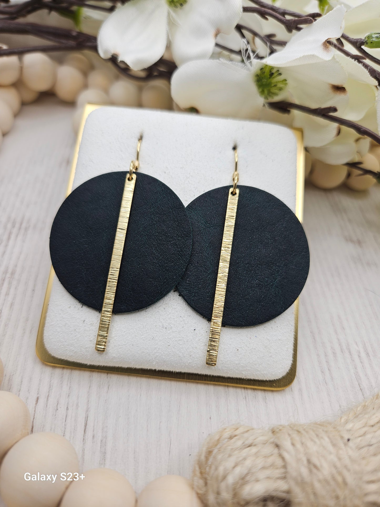 Dark Green Leather Earrings with Brass Bars