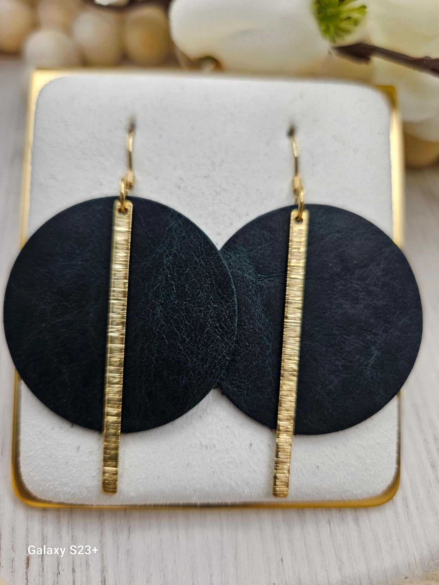 Dark Green Leather Earrings with Brass Bars