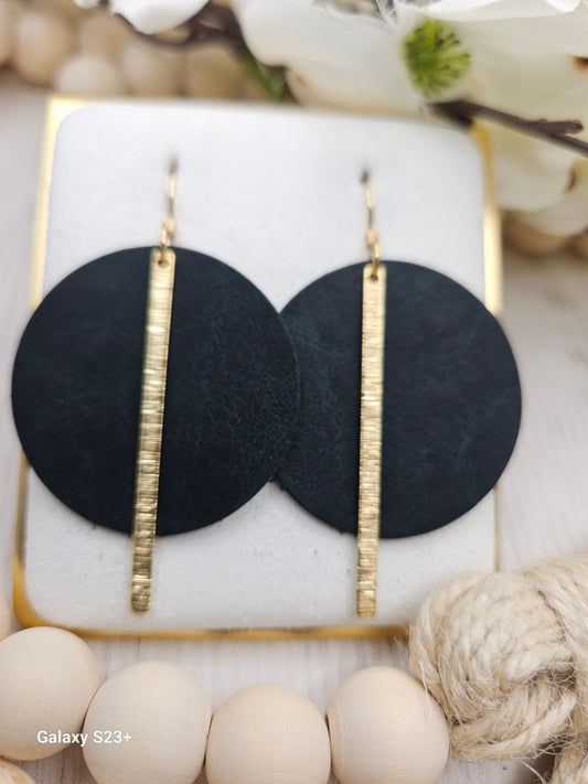 Dark Green Leather Earrings with Brass Bars