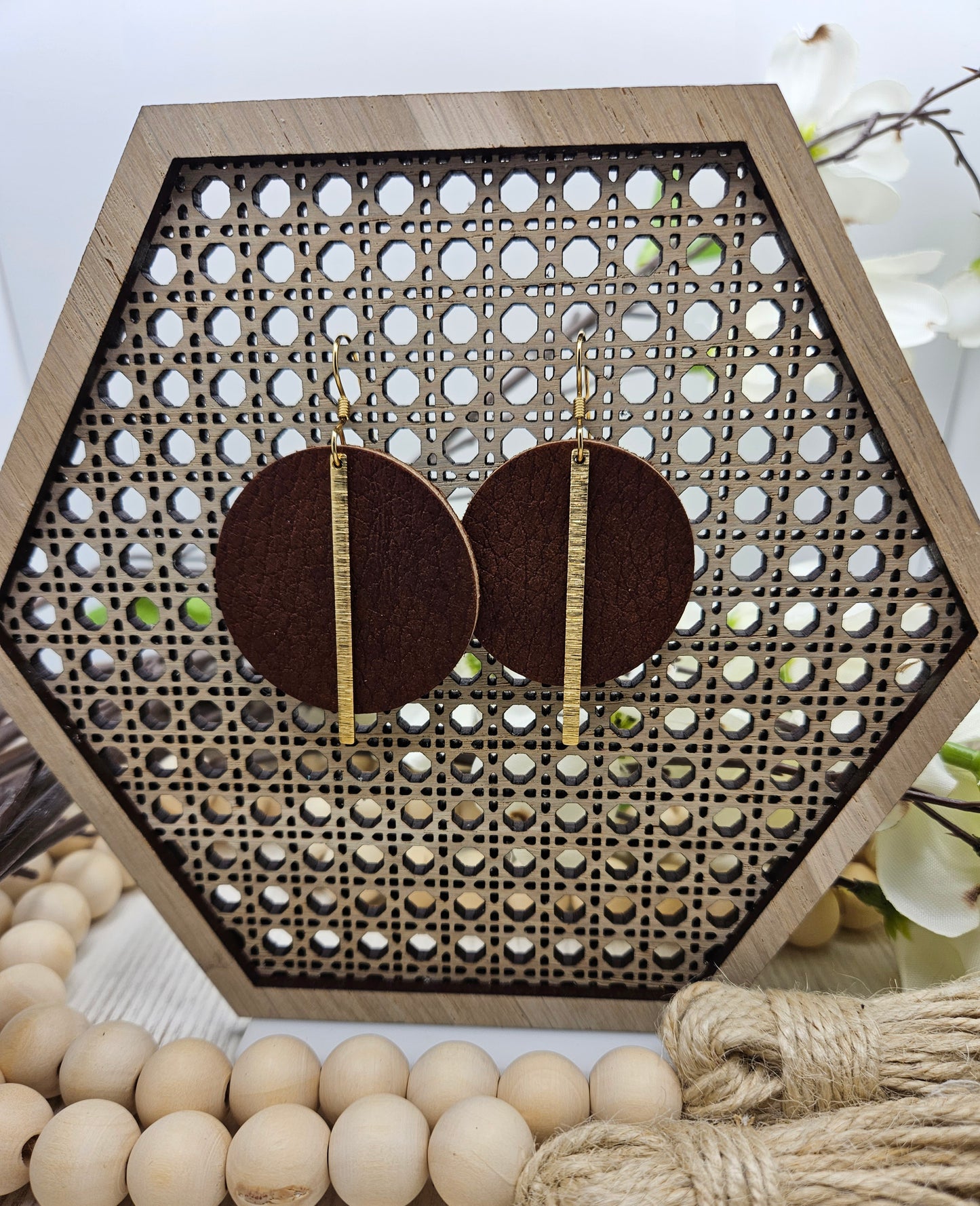 Brown Pebbled Leather Earrings with Gold Brass Bars