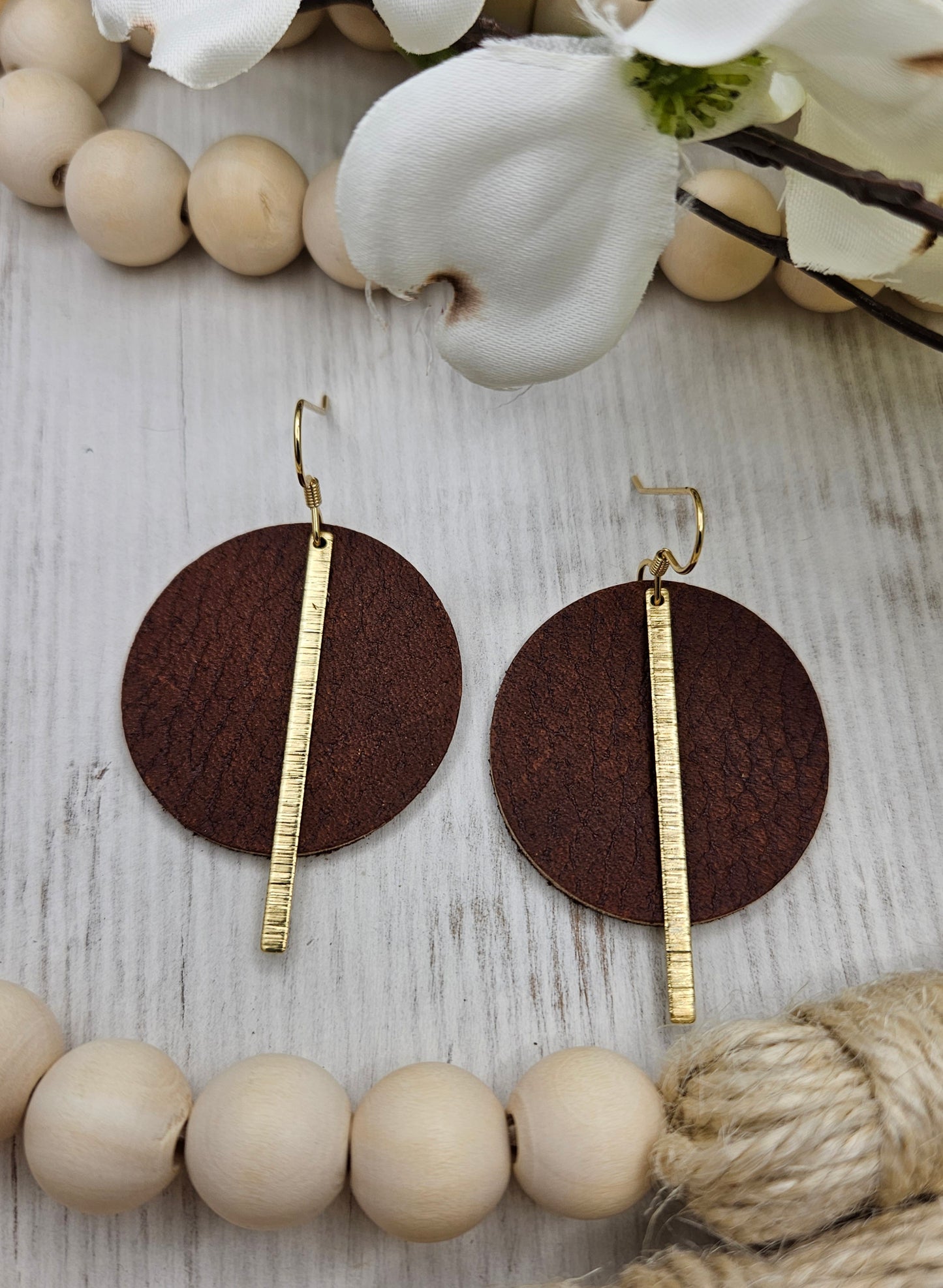 Brown Pebbled Leather Earrings with Gold Brass Bars