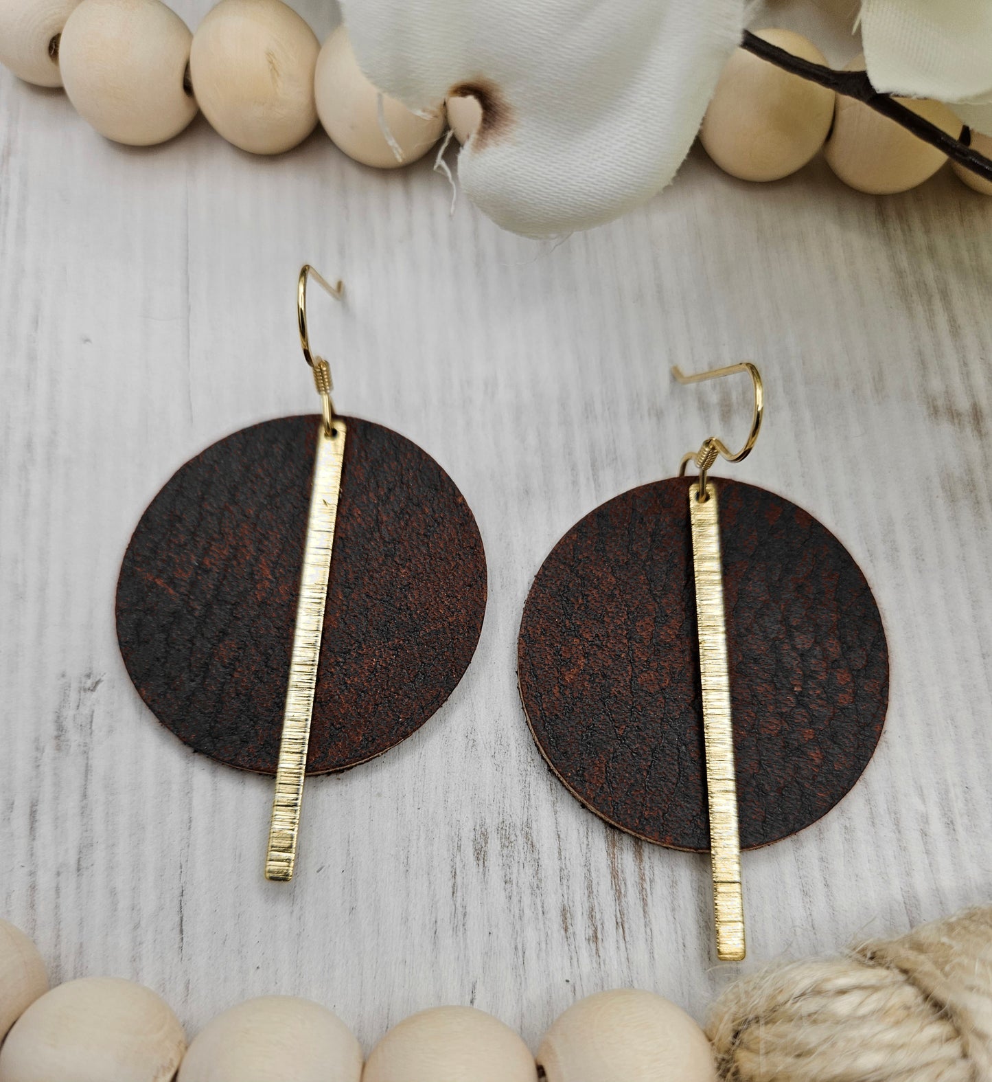 Brown Pebbled Leather Earrings with Gold Brass Bars