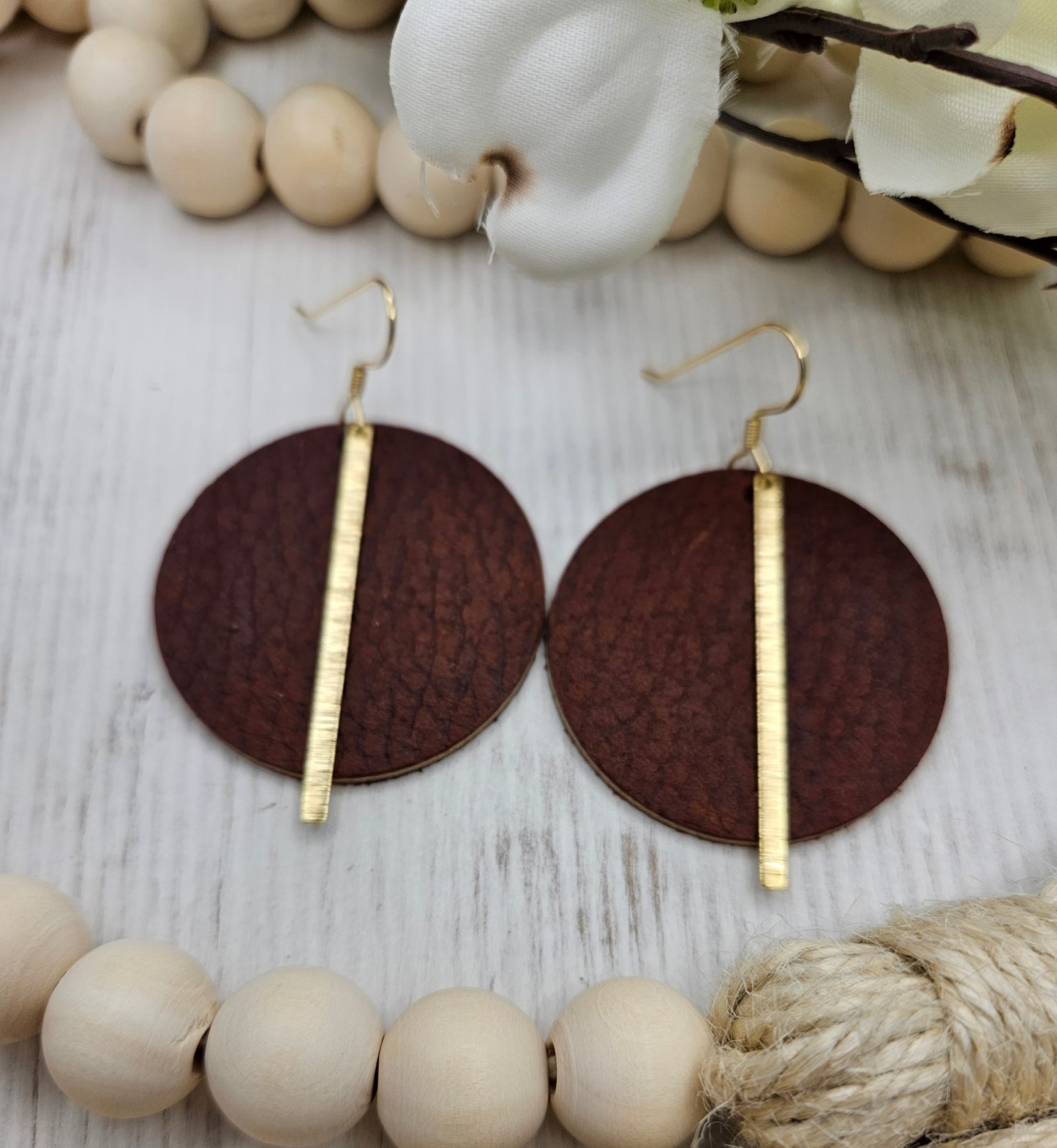 Brown Pebbled Leather Earrings with Gold Brass Bars