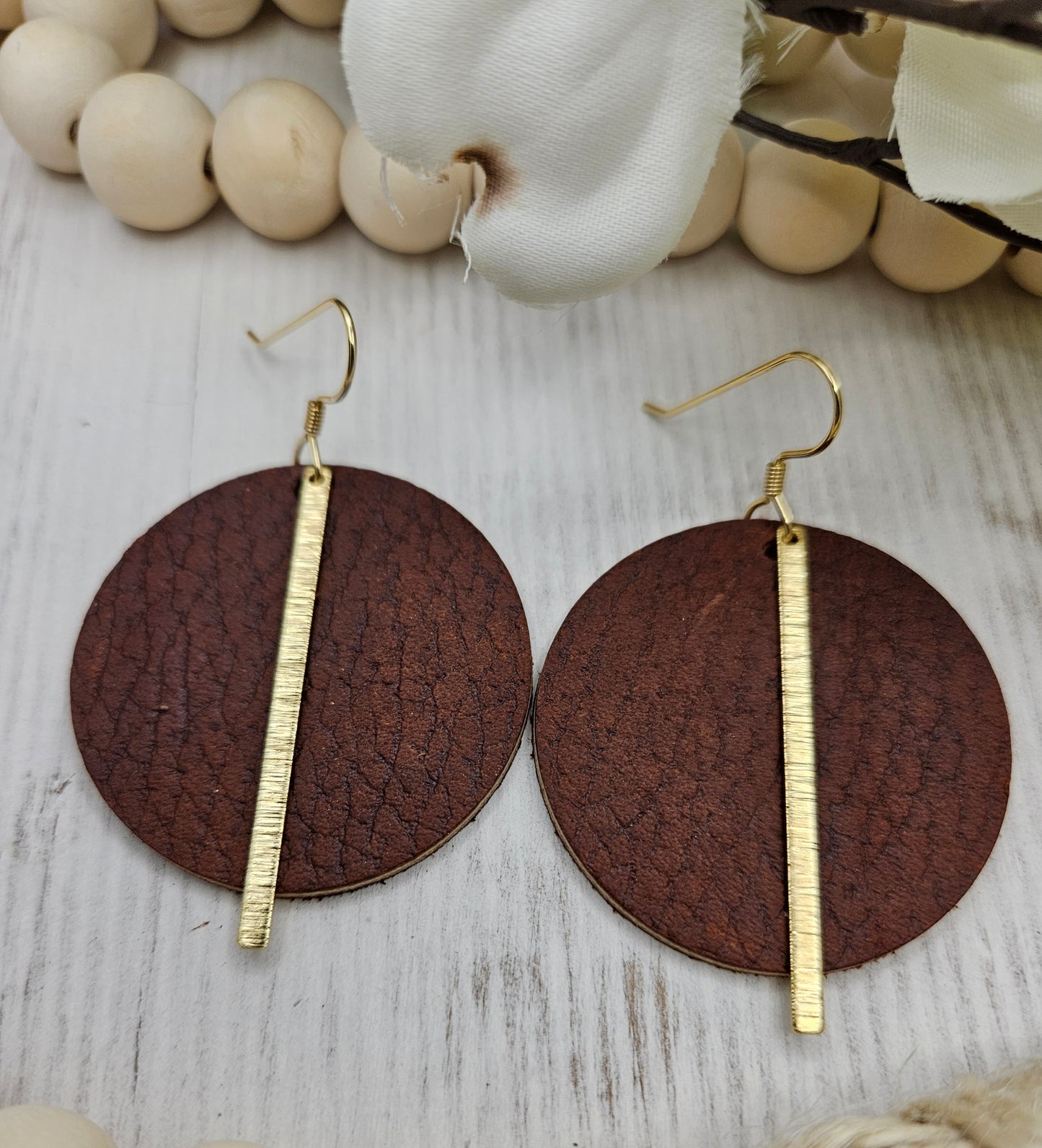 Brown Pebbled Leather Earrings with Gold Brass Bars