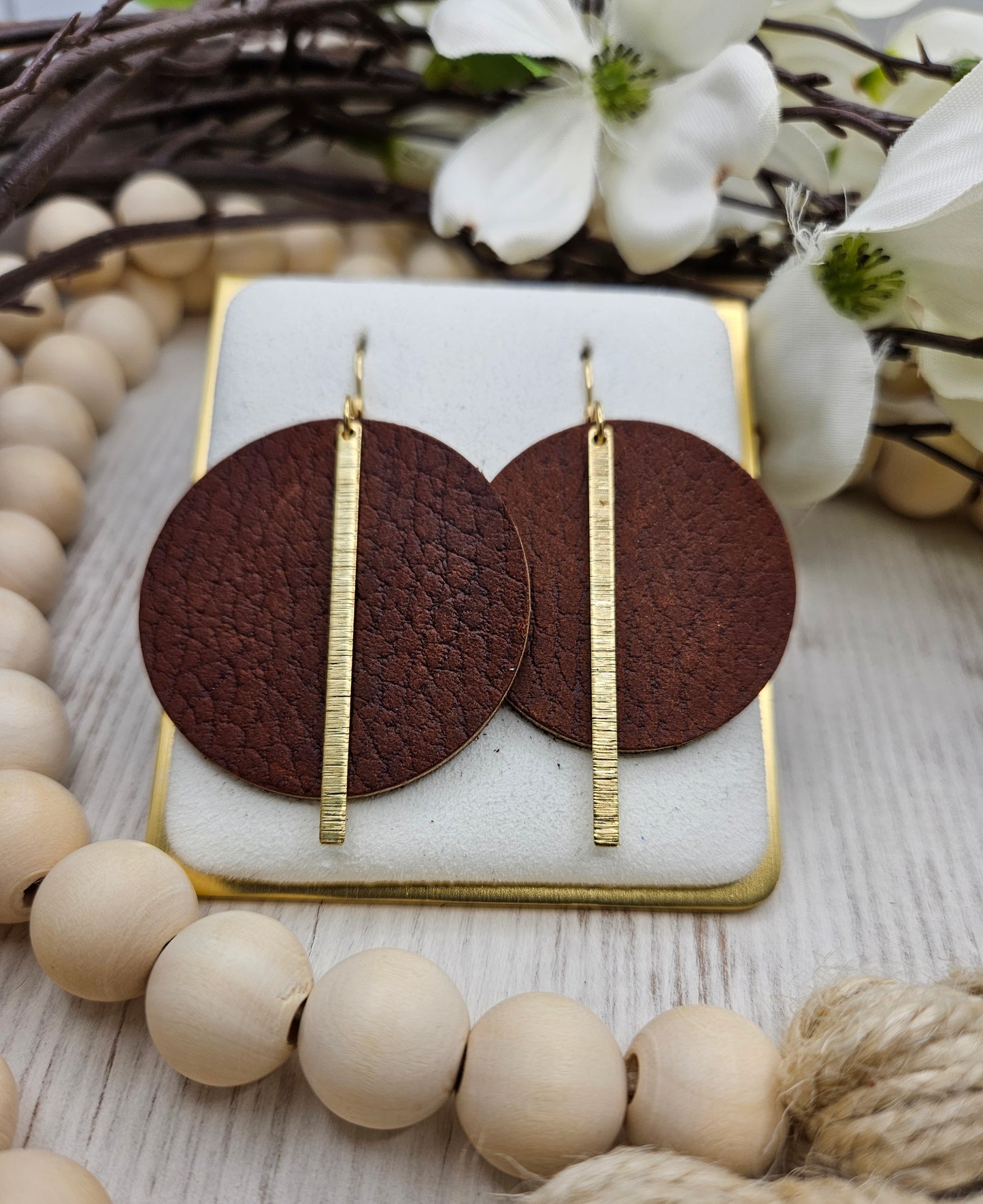 Brown Pebbled Leather Earrings with Gold Brass Bars