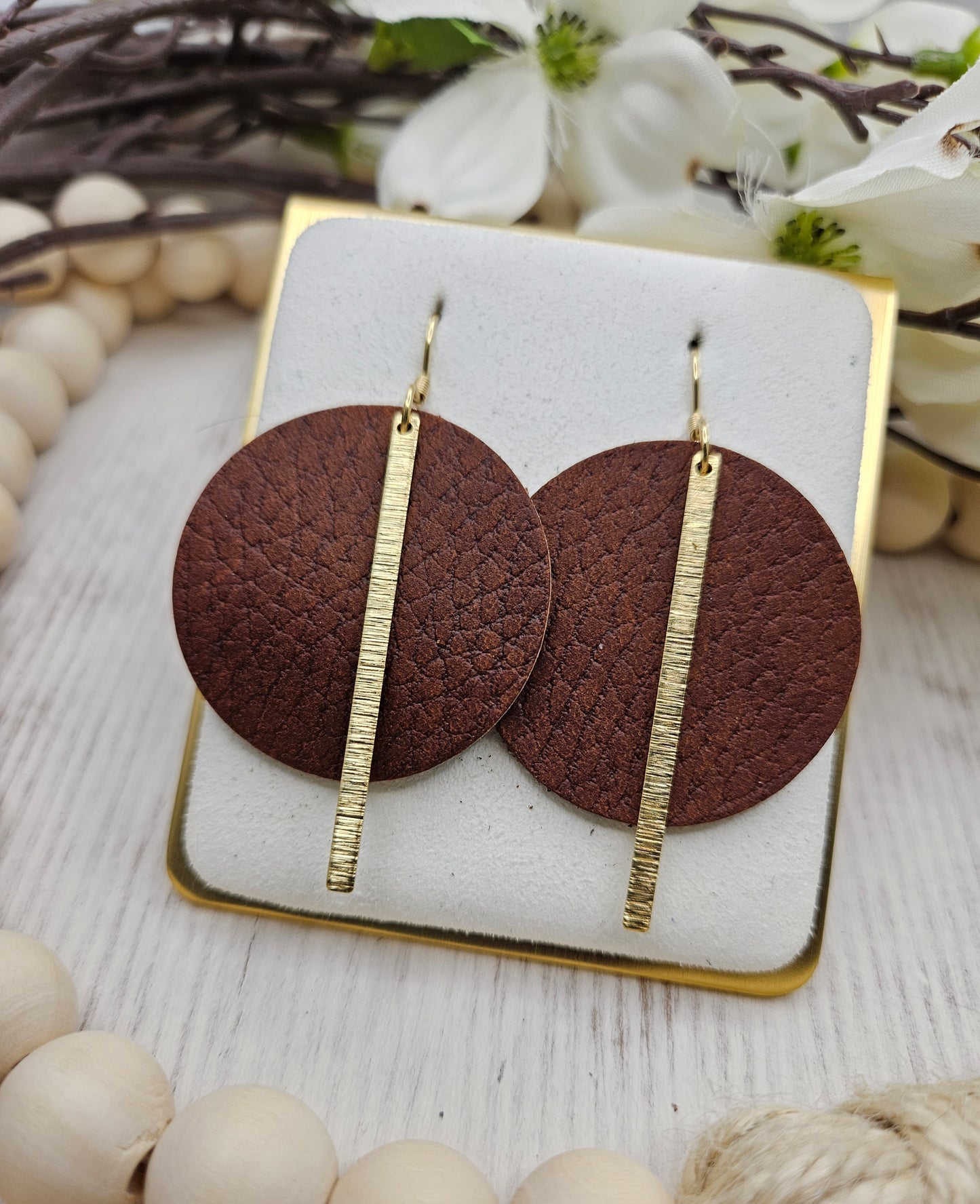 Brown Pebbled Leather Earrings with Gold Brass Bars