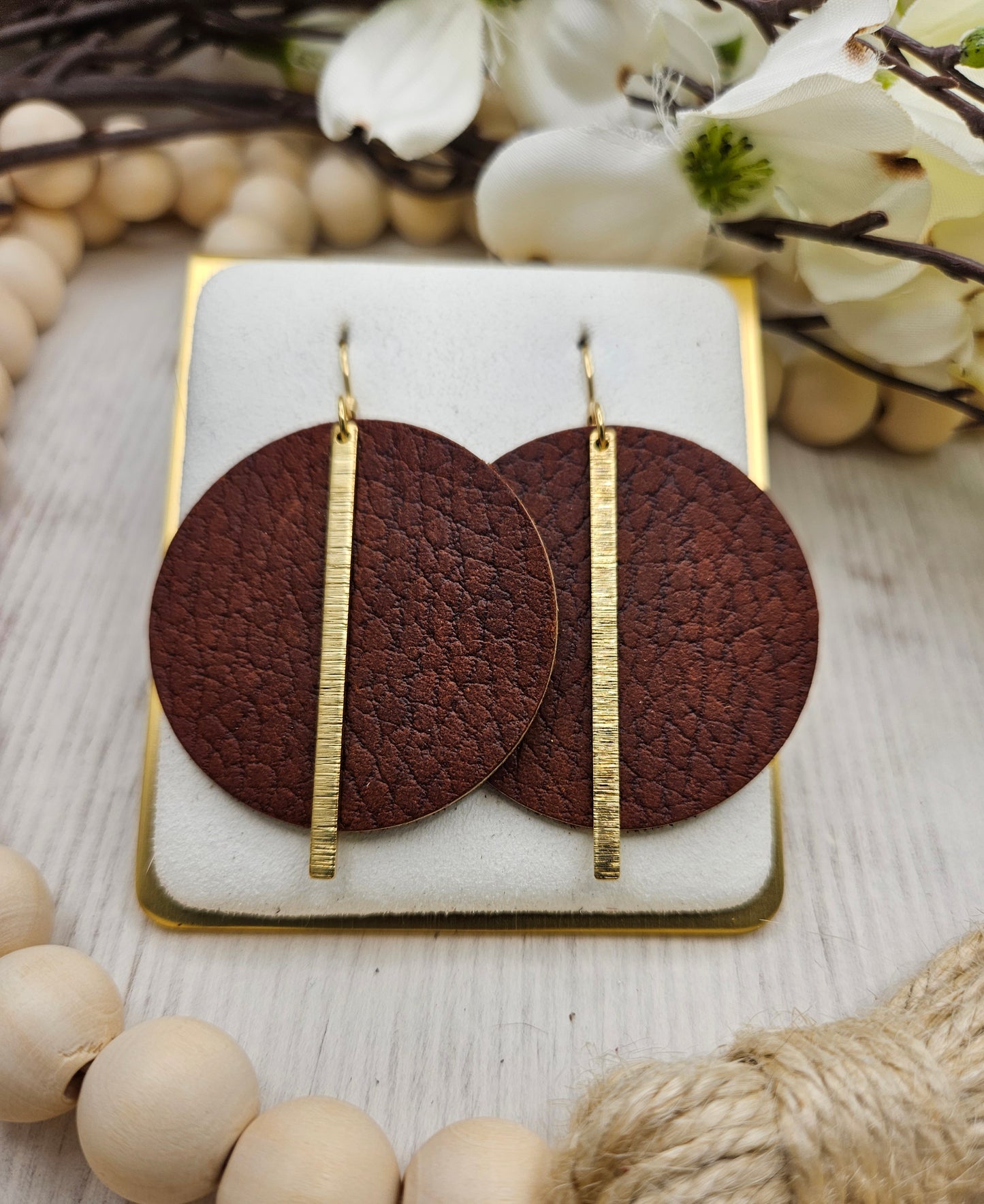 Brown Pebbled Leather Earrings with Gold Brass Bars