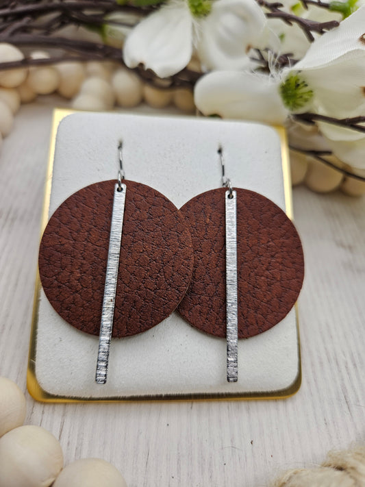 Brown Pebbled Leather Earrings with Silver Brass Bars