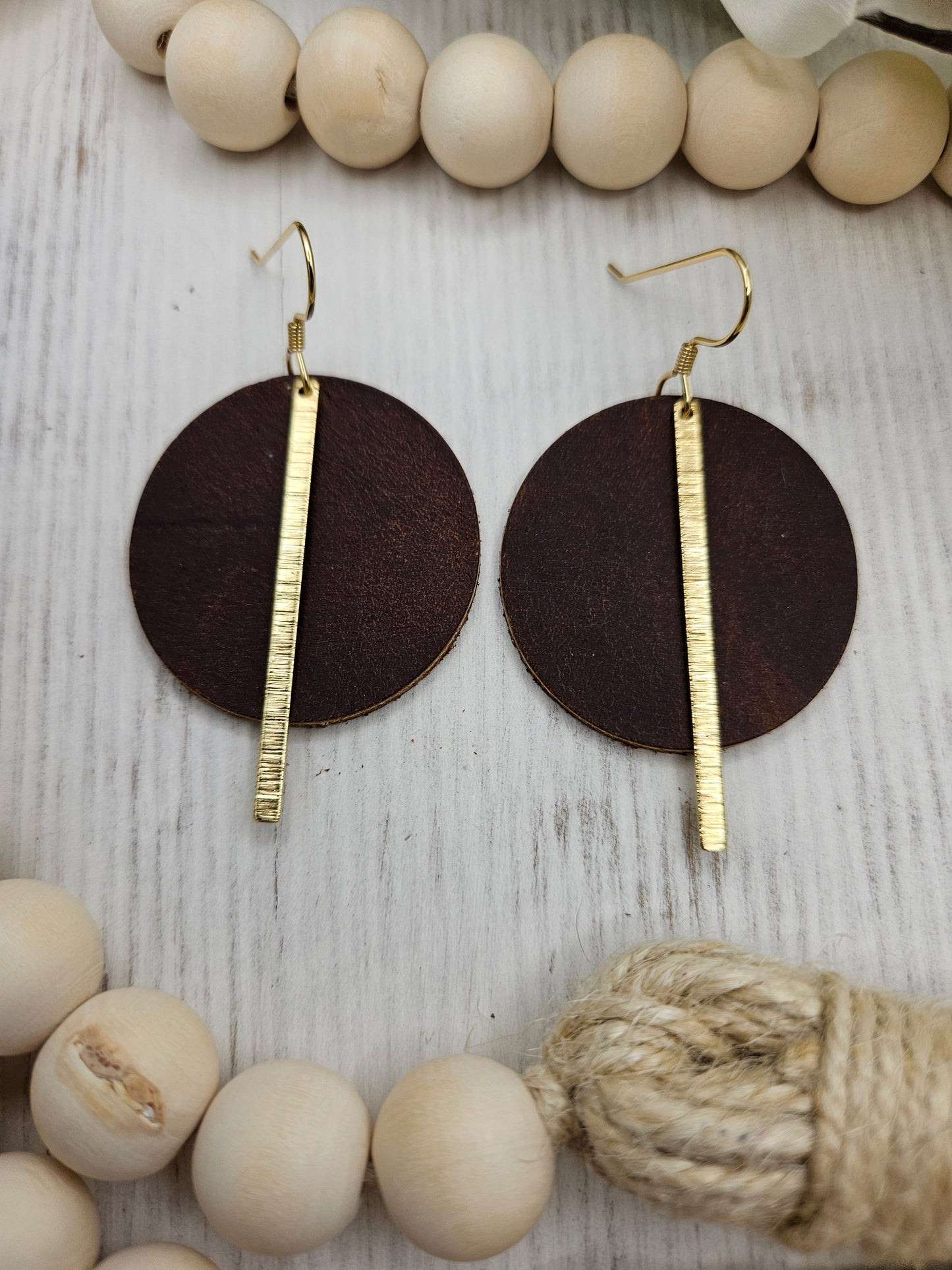 Brown Smooth Leather Earrings with Gold Brass Bars