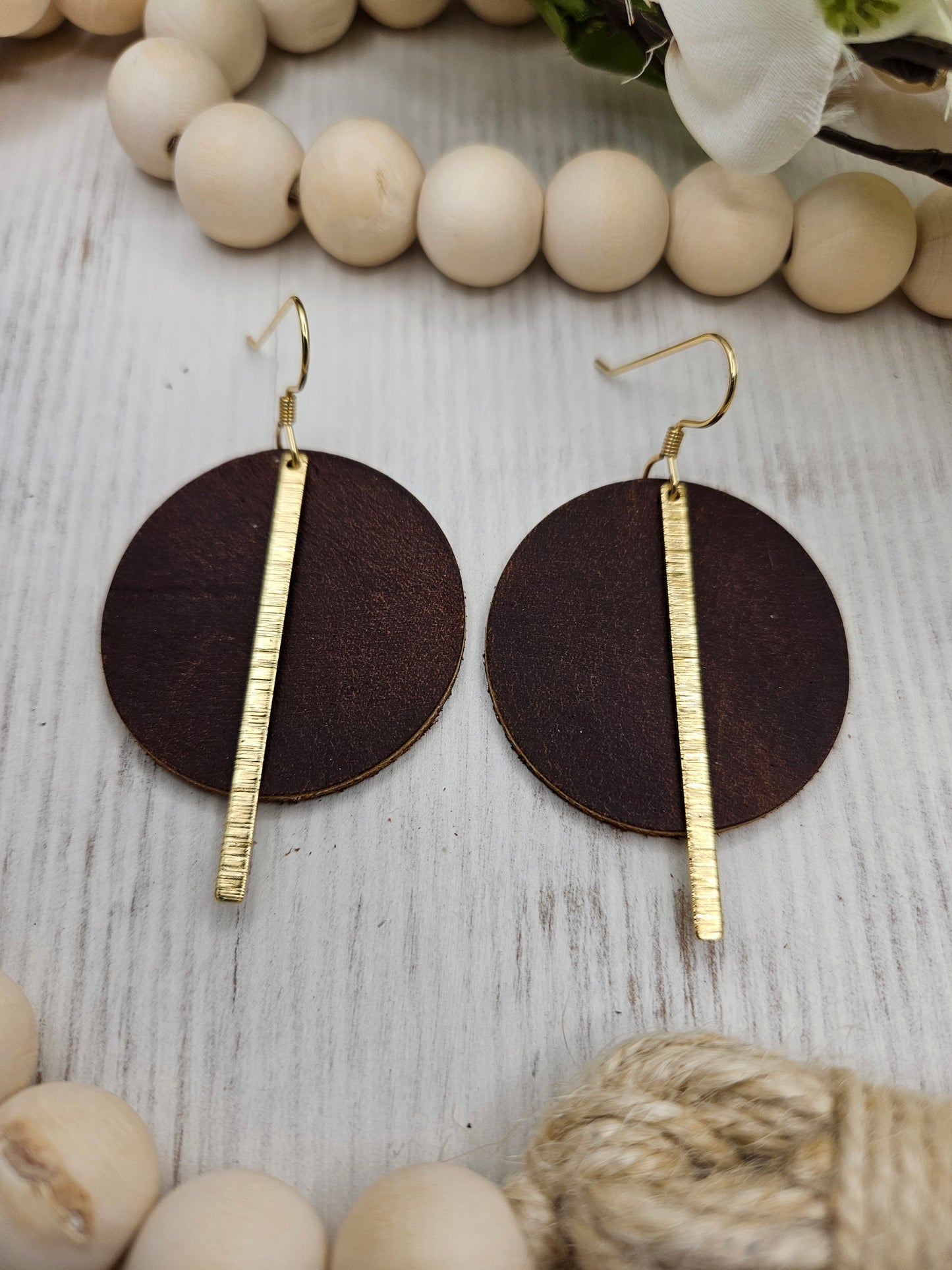 Brown Smooth Leather Earrings with Gold Brass Bars