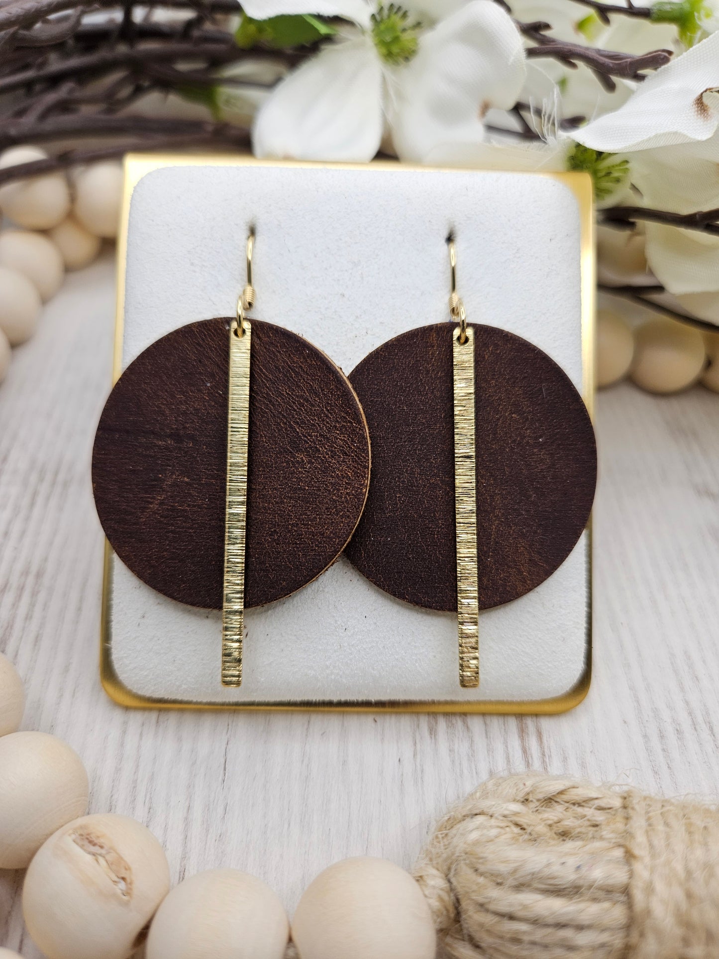 Brown Smooth Leather Earrings with Gold Brass Bars