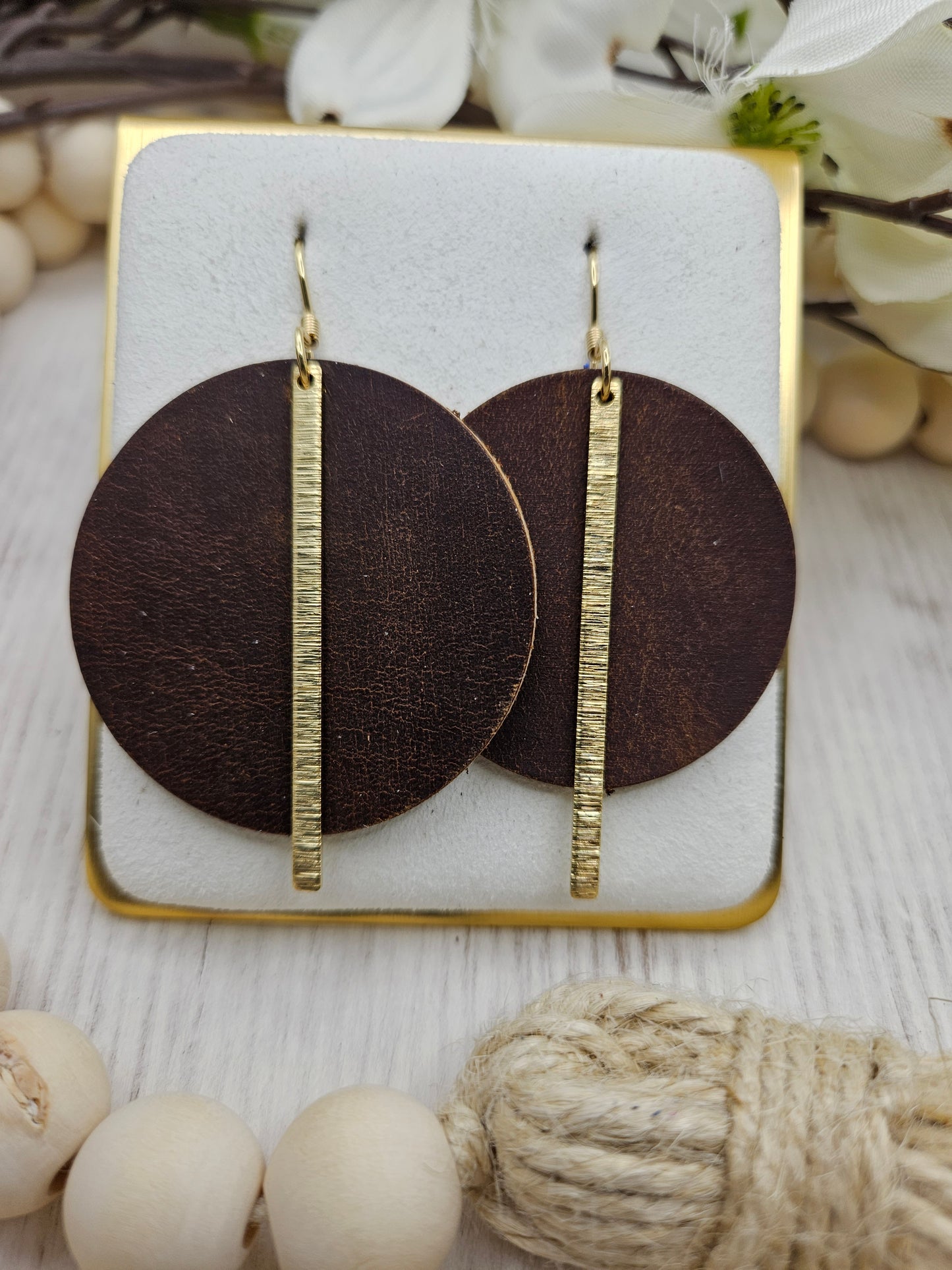 Brown Smooth Leather Earrings with Gold Brass Bars