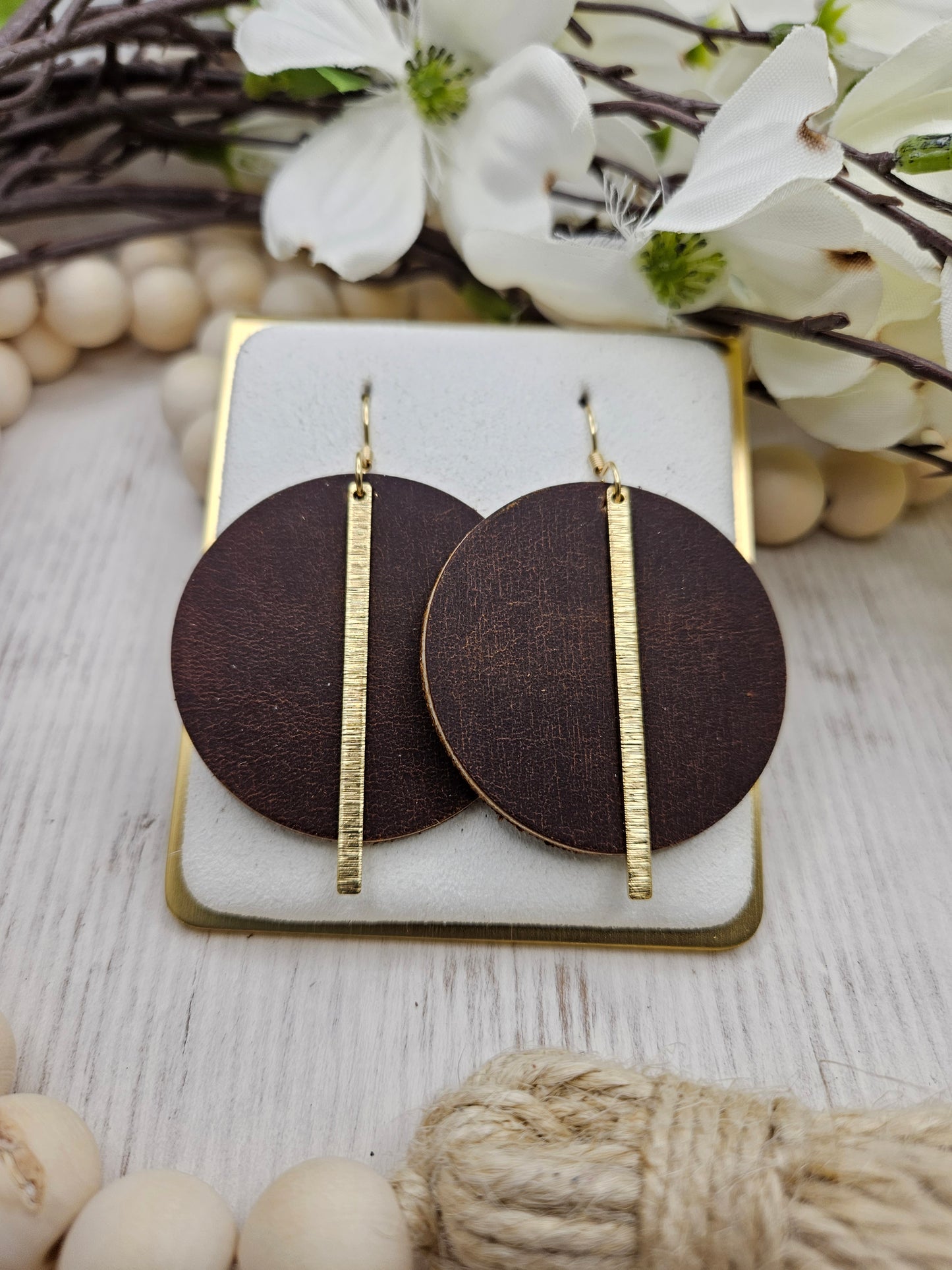 Brown Smooth Leather Earrings with Gold Brass Bars