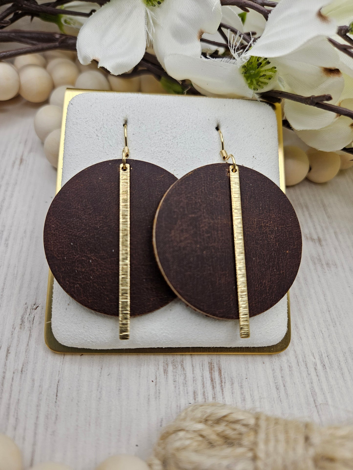 Brown Smooth Leather Earrings with Gold Brass Bars