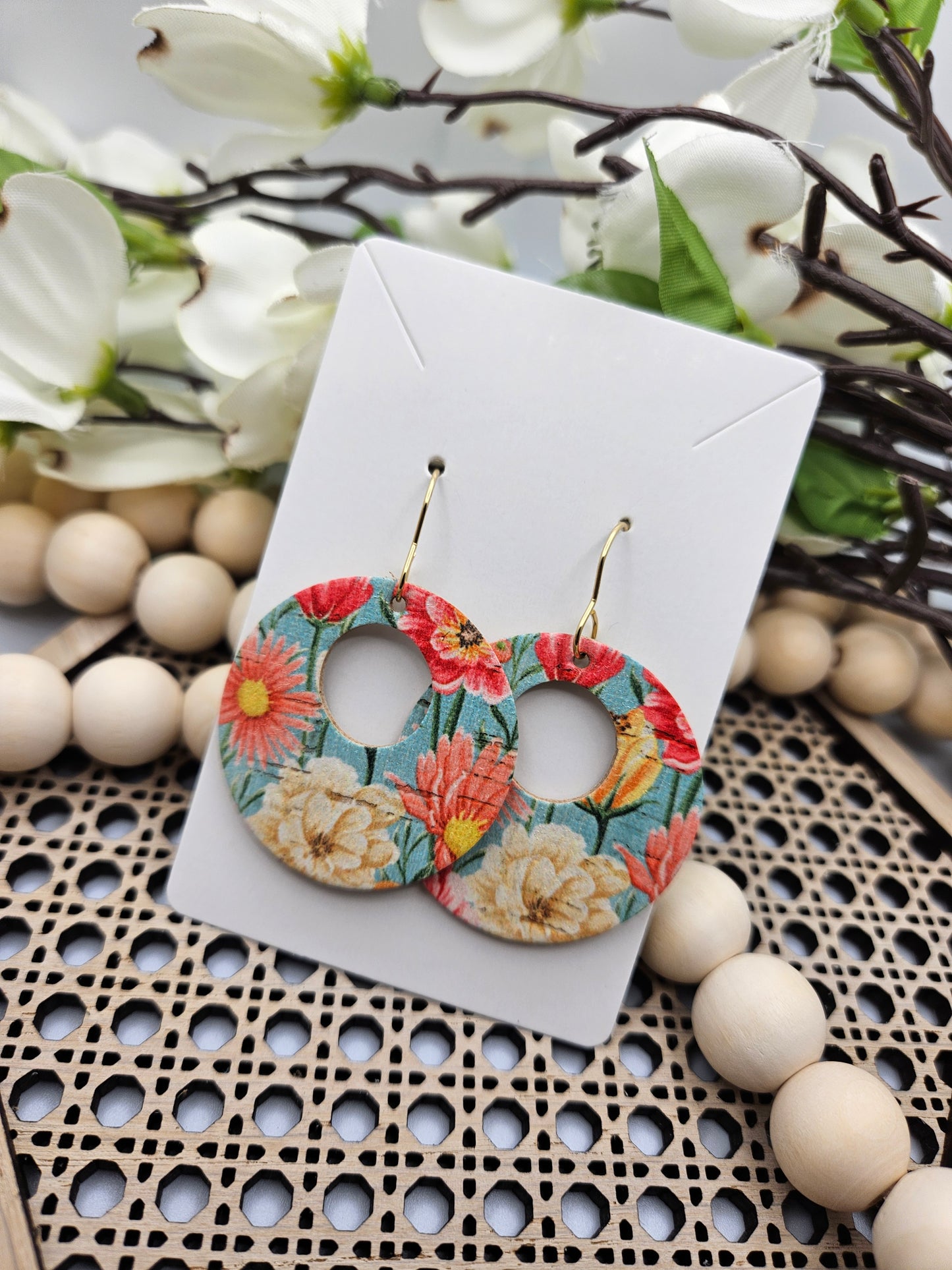 Mint Floral Cork Backed with Genuine Leather Earrings