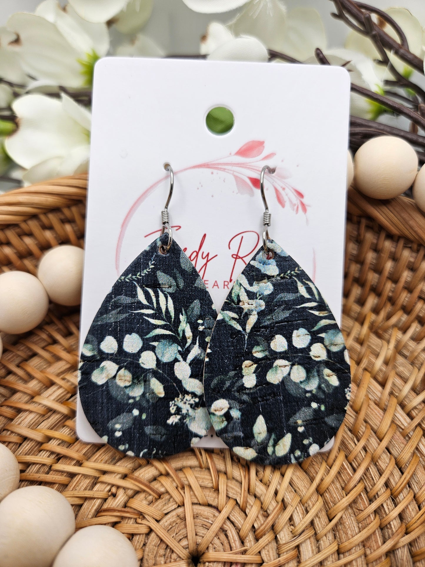 Navy Floral Cork Backed with Genuine Leather Teardrop Earrings