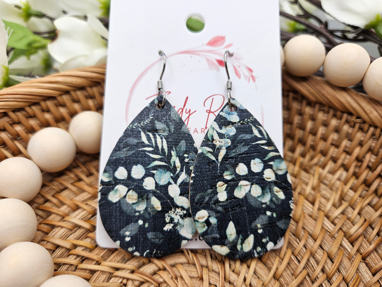 Navy Floral Cork Backed with Genuine Leather Teardrop Earrings