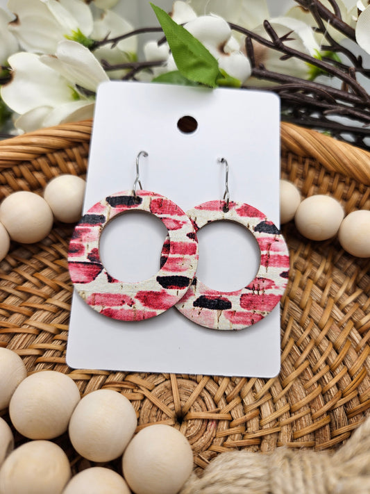 Pink Striped Cork Backed with Genuine Leather Earrings