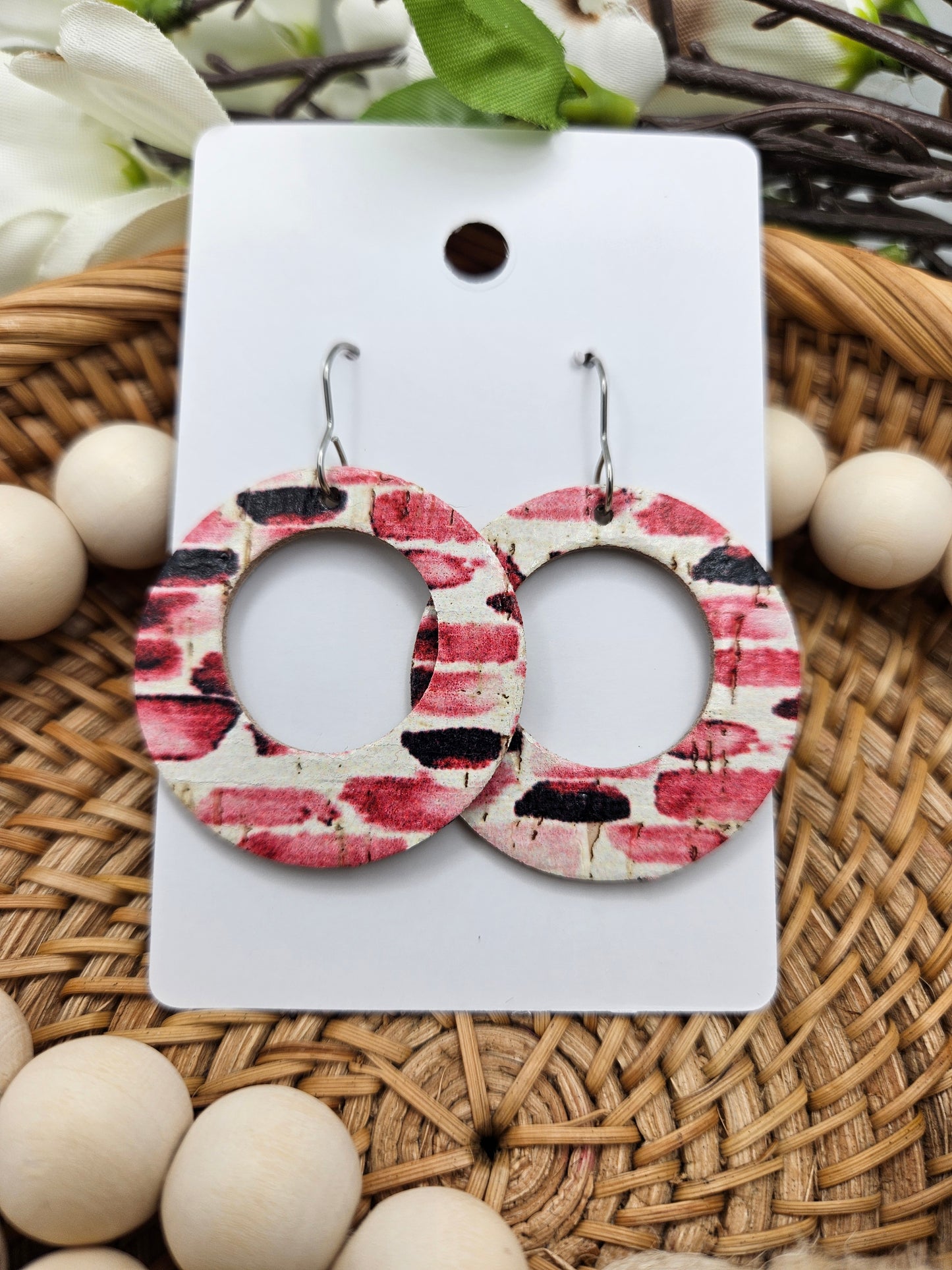 Pink Striped Cork Backed with Genuine Leather Earrings